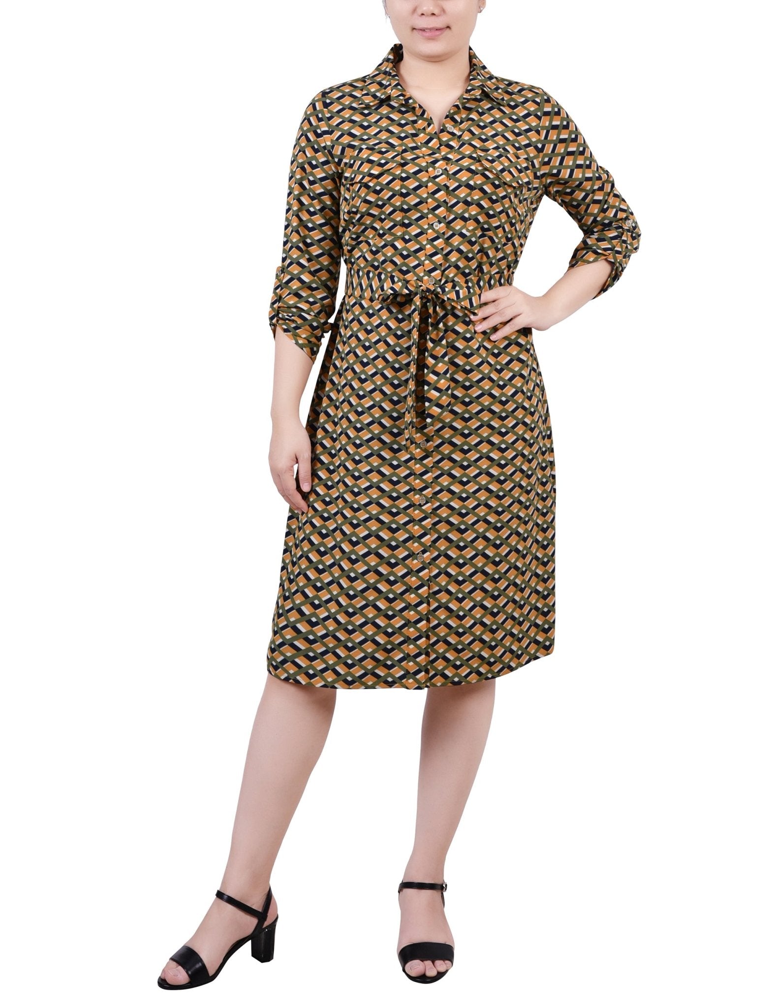Cypress Inca Gold Navy Zigzag 3/4 Roll Tab Sleeve Belted Shirtdress - Petite Cypress Inca Gold Navy Zigzag 3/4 Roll Tab Sleeve Belted Shirtdress - Petite