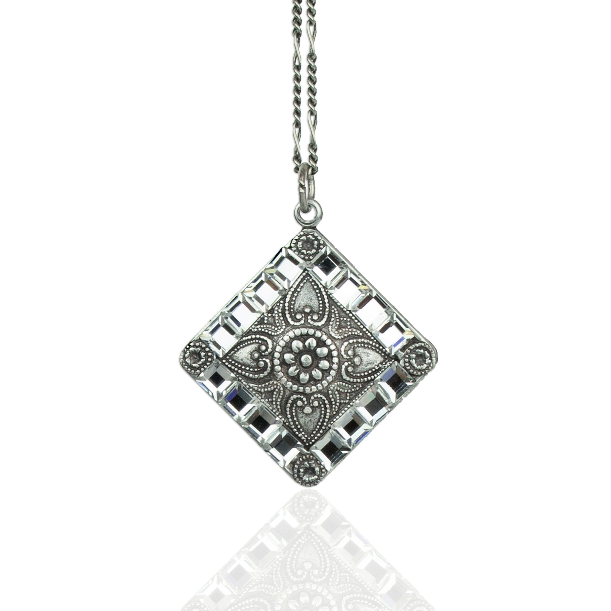 Deco Shield Pendant Necklace with Brilliant Square Crystals - DressbarnNecklaces
