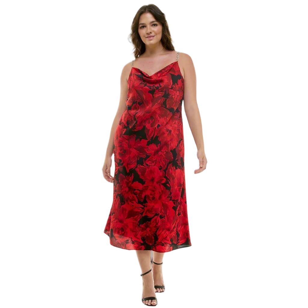 Detachable Chain Trim Strap Cowl Neck Dress, Black & Red - Plus Detachable Chain Trim Strap Cowl Neck Dress, Black & Red - Plus