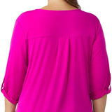 Dressbarn Plus Women's Roz And Ali Three-Quarter Sleeve With Slight Shirttail Hem And Front Zip Knit Top - DressbarnApparel