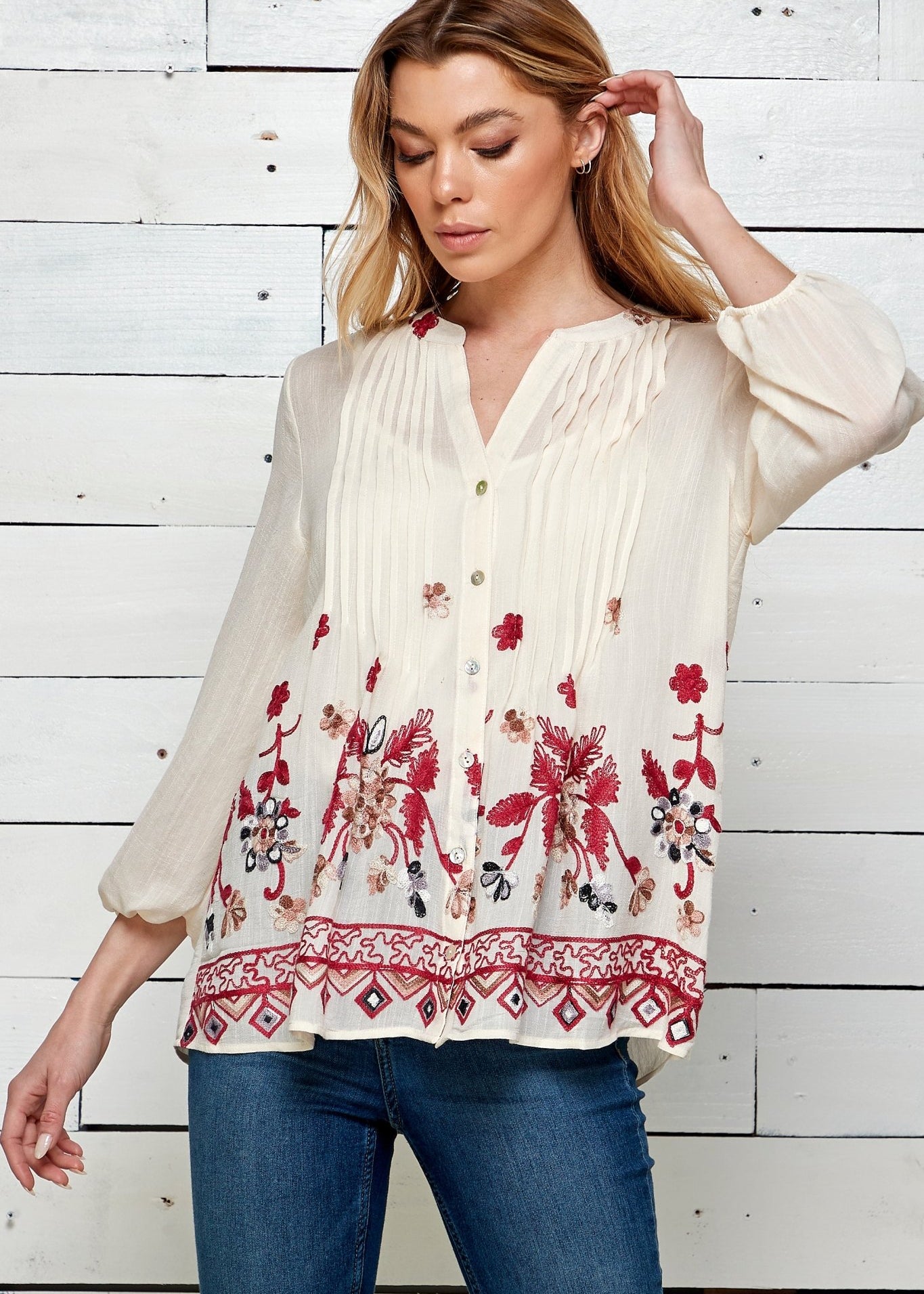 Figueroa & Flower 3/4 Sleeve Embroidered Blouse - DressbarnShirts & Blouses