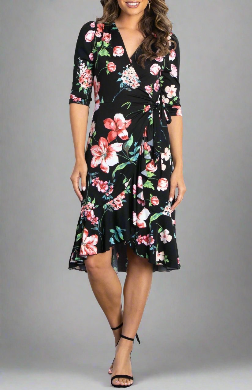 Kiyonna Women's Flirty Flounce Midi Wrap Dress with 3/4 Sleeves - Navy Floral Print Kiyonna Women's Flirty Flounce Midi Wrap Dress with 3/4 Sleeves - Navy Floral Print