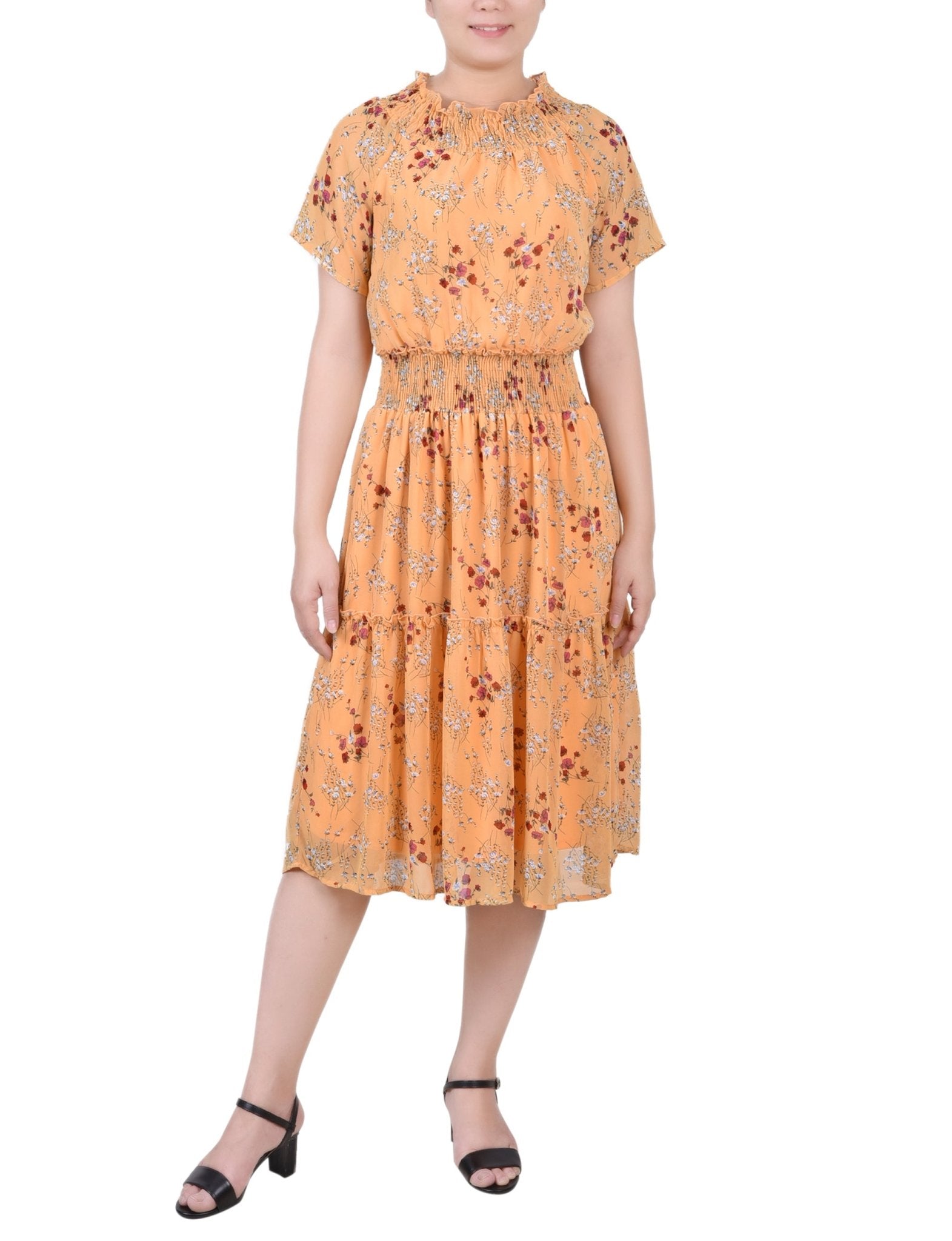 Gold Disty Floral Short Sleeve Smocked Waist Dress Dressbarn Gold Disty Floral Short Sleeve Smocked Waist Dress Dressbarn
