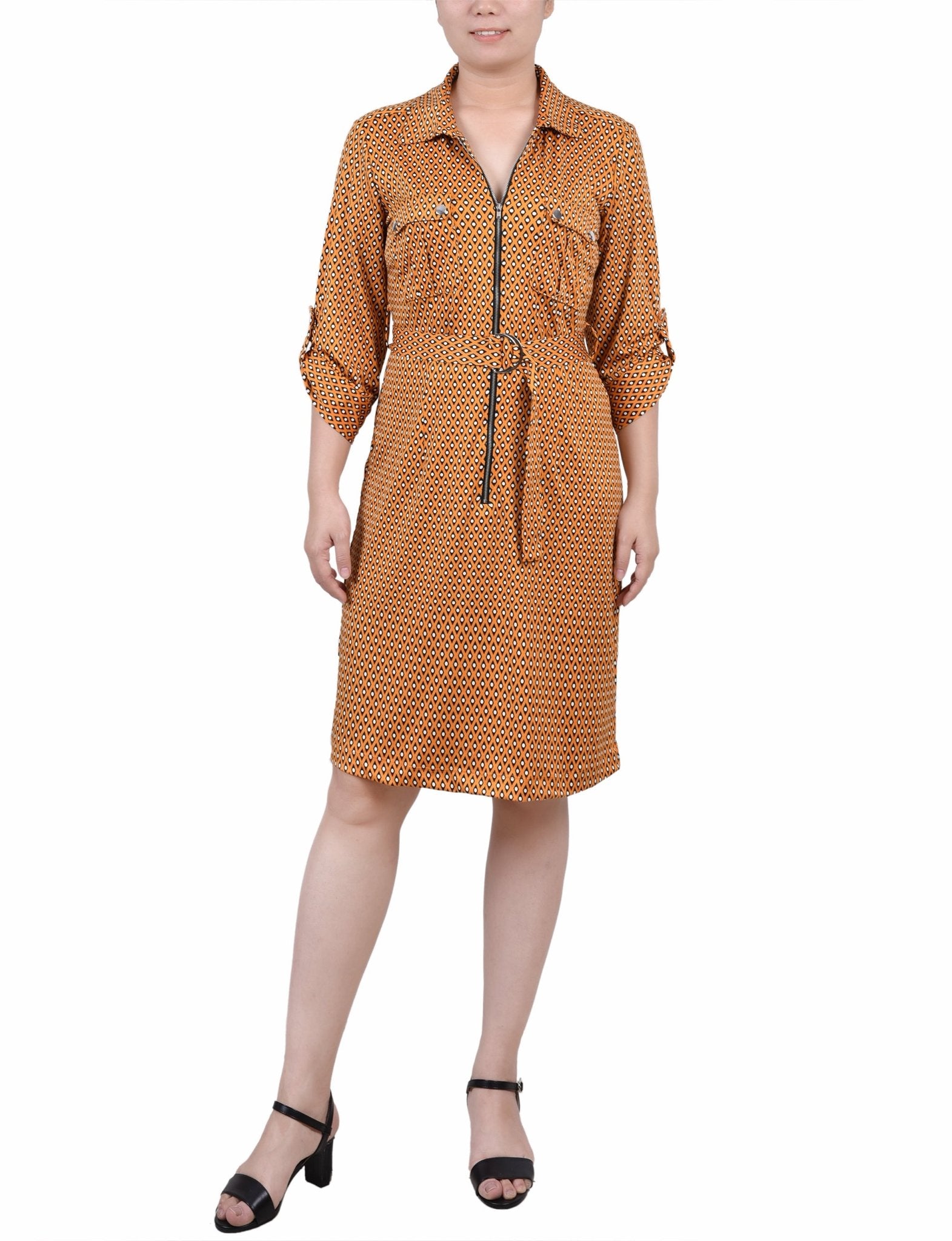 petite shirt dresses Golden Black Lil Elle Belted Roll Tab Zip Front Shirtdress