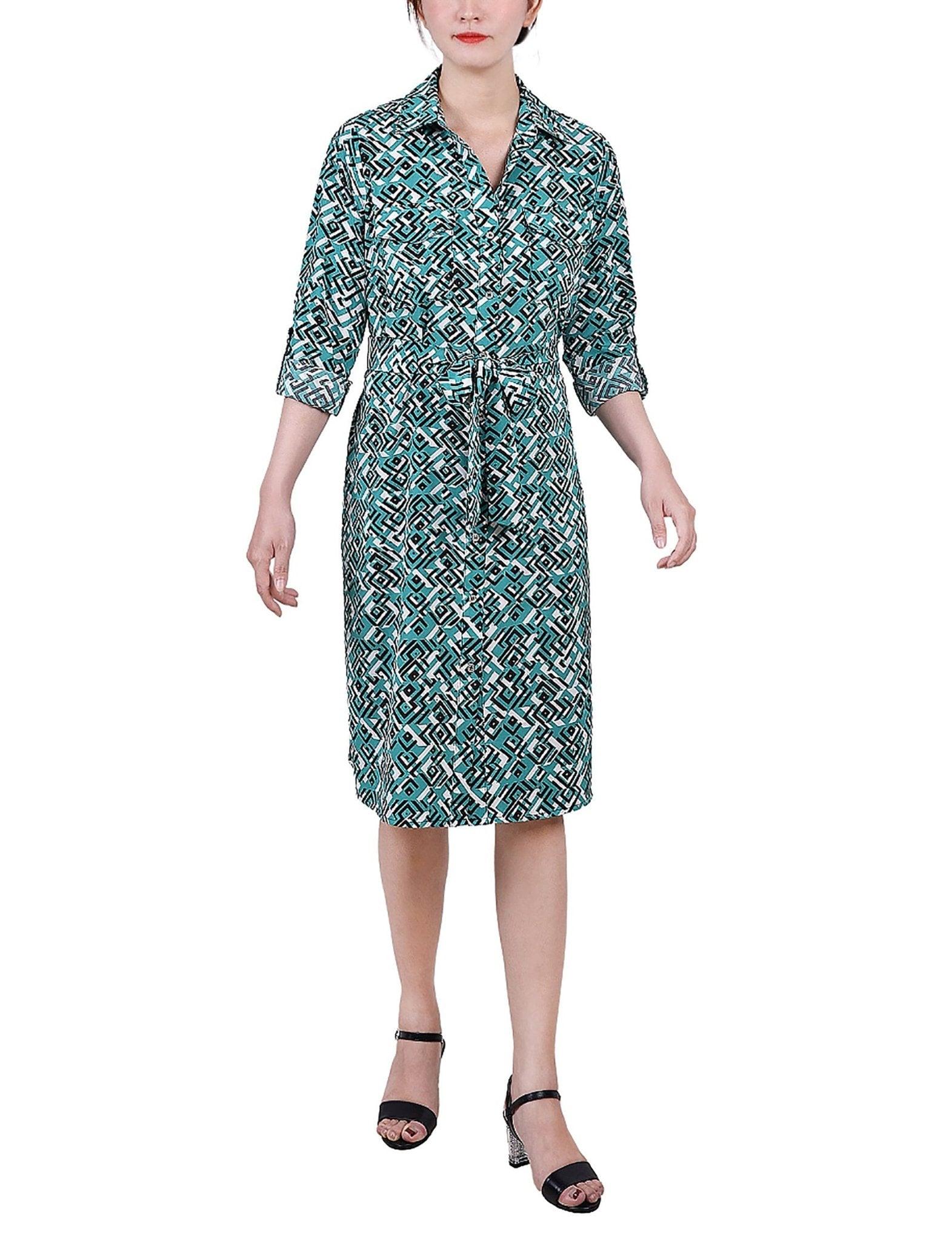 Green Diatribe 3/4 Roll Tab Sleeve Belted Shirtdress - Petite Dressbarn Green Diatribe 3/4 Roll Tab Sleeve Belted Shirtdress - Petite Dressbarn