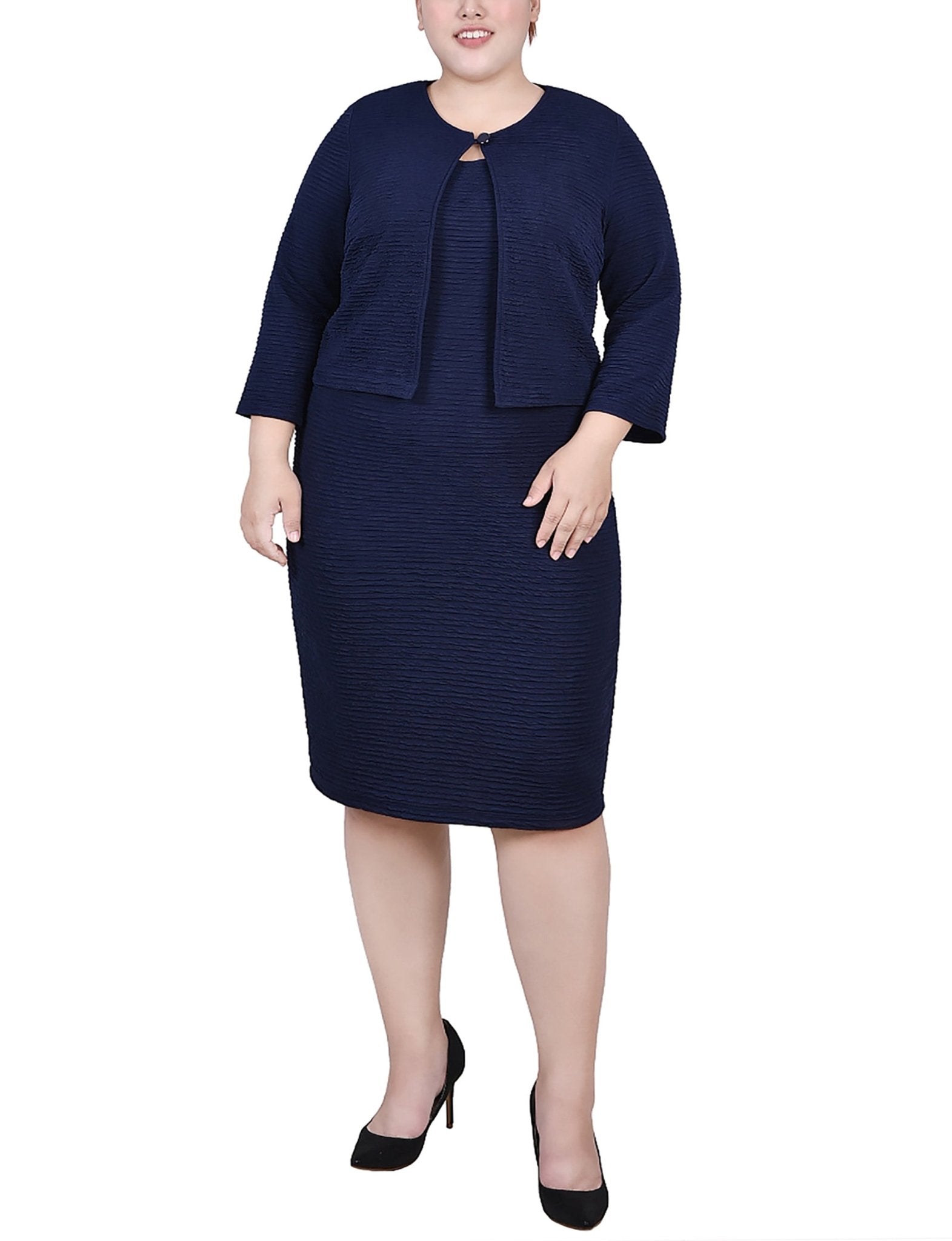Harbor Navy Textured 3/4 Sleeve 2 Piece Dress Set - Plus Dressbarn Harbor Navy Textured 3/4 Sleeve 2 Piece Dress Set - Plus Dressbarn