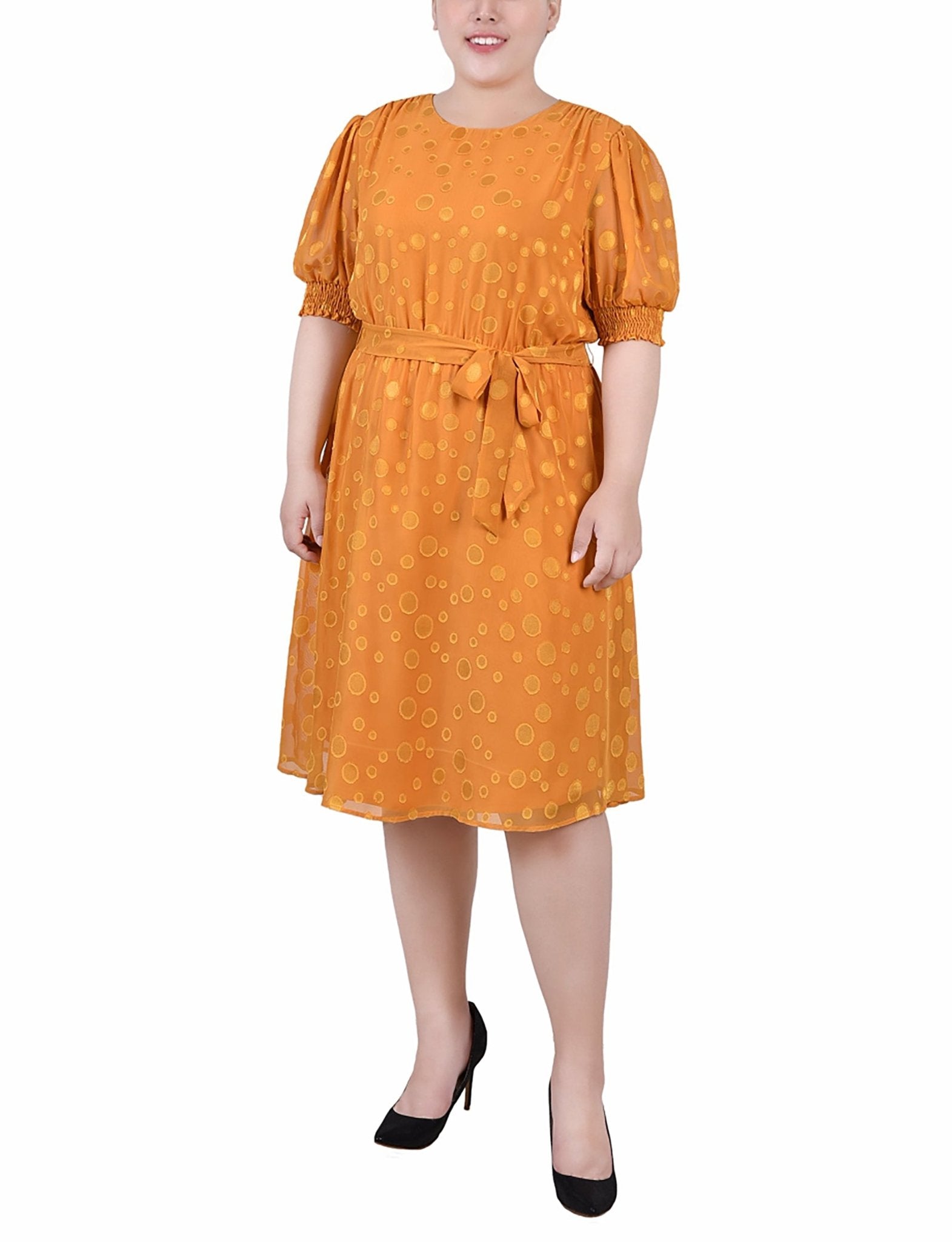Inca Gold Elbow Sleeve Swiss Dot Dress - Plus Dressbarn Inca Gold Elbow Sleeve Swiss Dot Dress - Plus Dressbarn