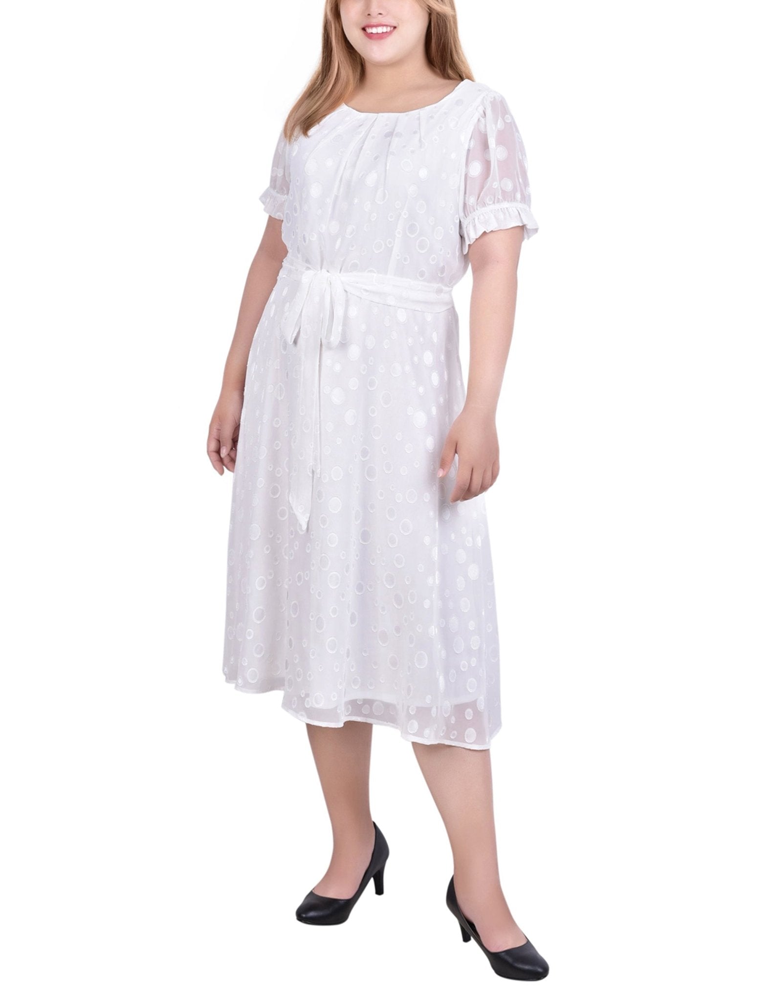 NY Collection Plus Size Short Sleeve Belted Swiss Dot Dress - Ivory Multi Circle - 2X NY Collection Plus Size Short Sleeve Belted Swiss Dot Dress - Ivory Multi Circle - 2X