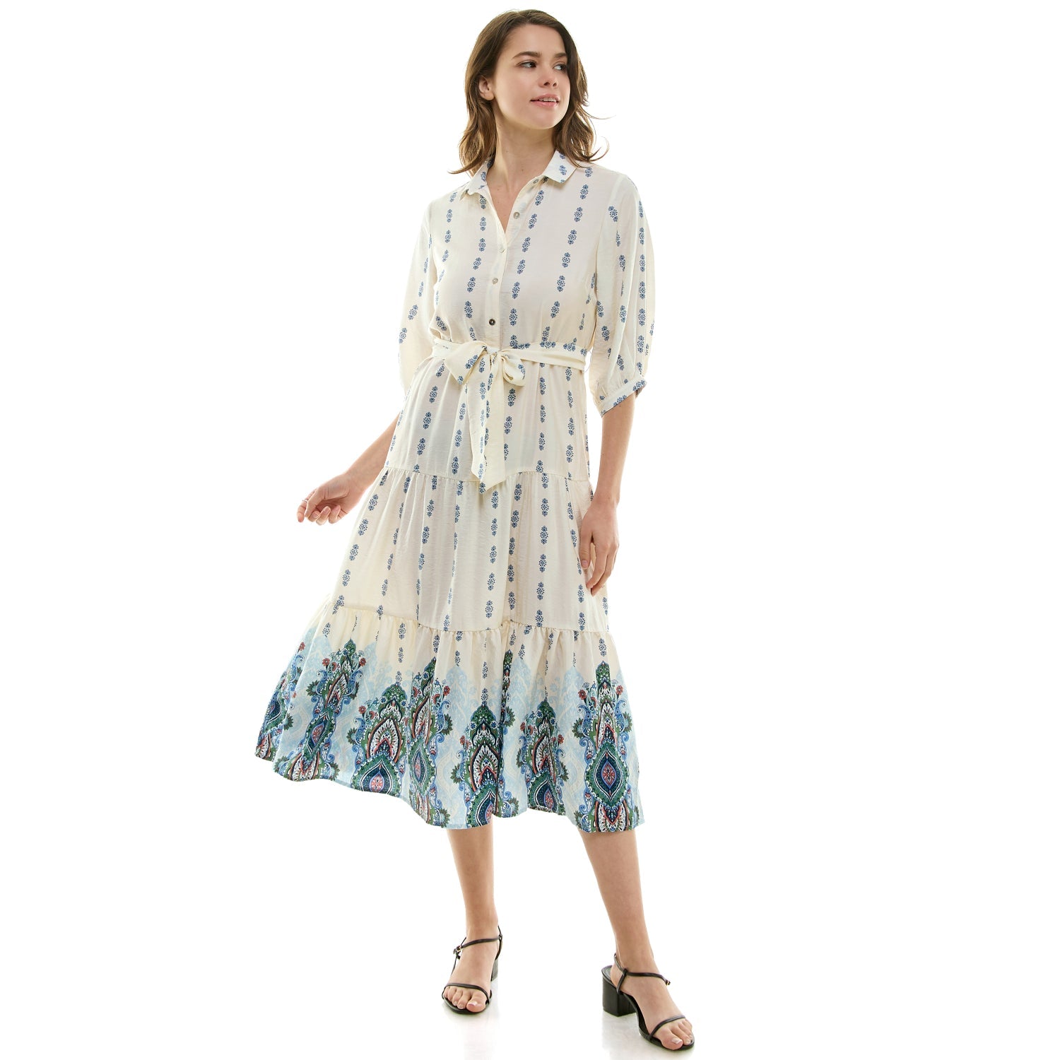 Long Sleeve Button Front Collared Midi Dress With Tied Waist Long Sleeve Button Front Collared Midi Dress With Tied Waist