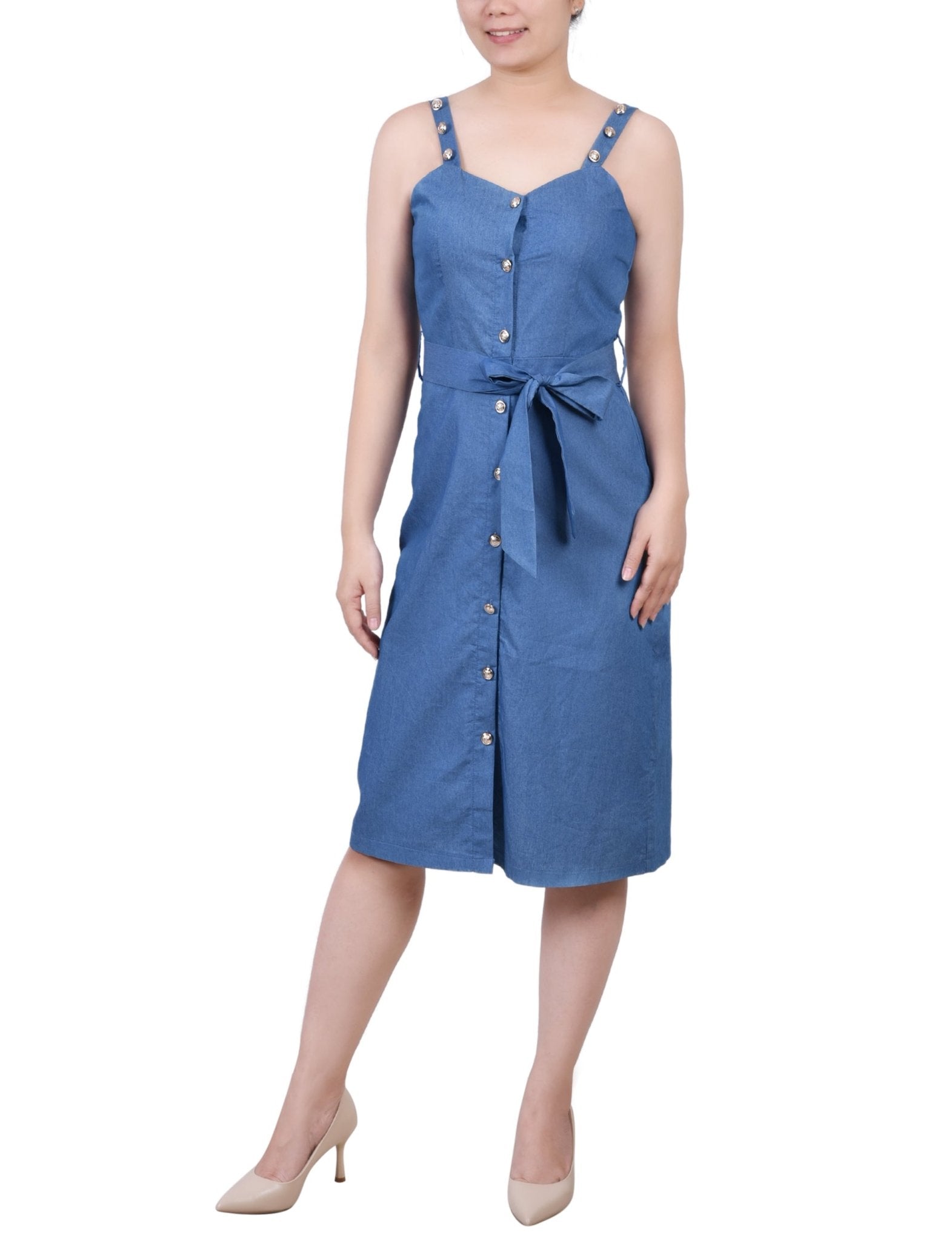 Med Denim Sweetheart Neck Chambray Sundress - Petite Dressbarn Med Denim Sweetheart Neck Chambray Sundress - Petite Dressbarn
