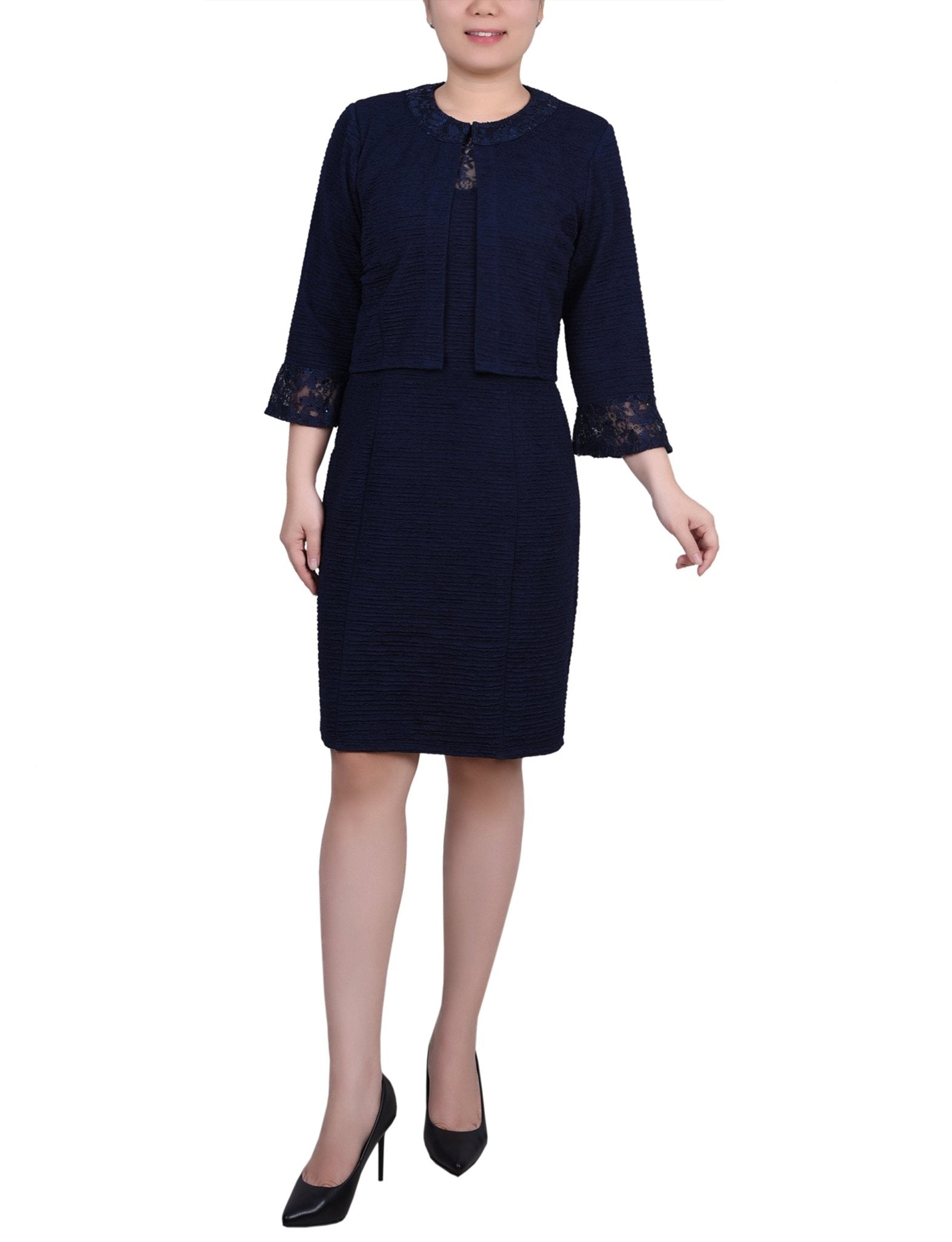 Navy Two Piece Novelty Knit and Lace Dress Set - Petite Dressbarn Navy Two Piece Novelty Knit and Lace Dress Set - Petite Dressbarn