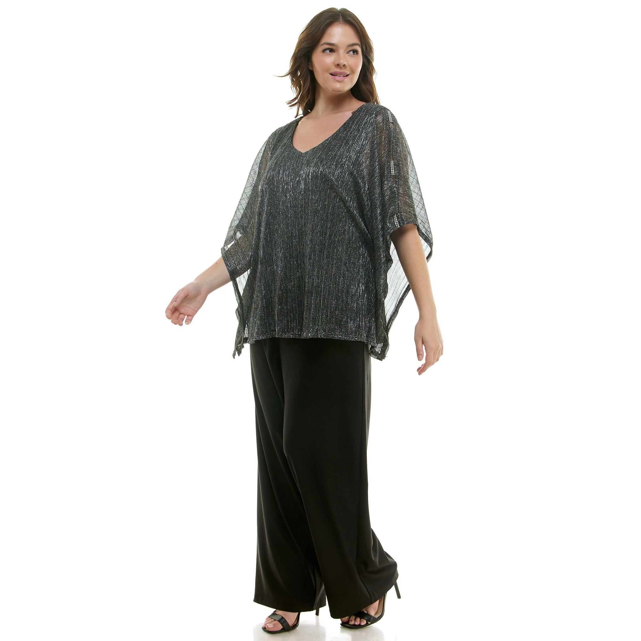 Novelty Trim Cold Shoulder Poncho Pant Set Plus