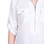 NY Collection 3/4 Roll Tab Sleeve Zip Front Top - Petite - DressbarnShirts & Blouses