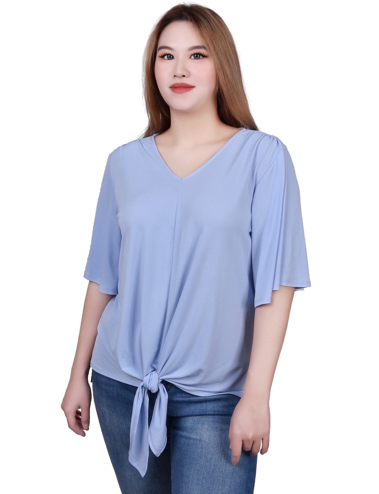 NY Collection Elbow Sleeve Tie-Front Top - DressbarnShirts & Blouses