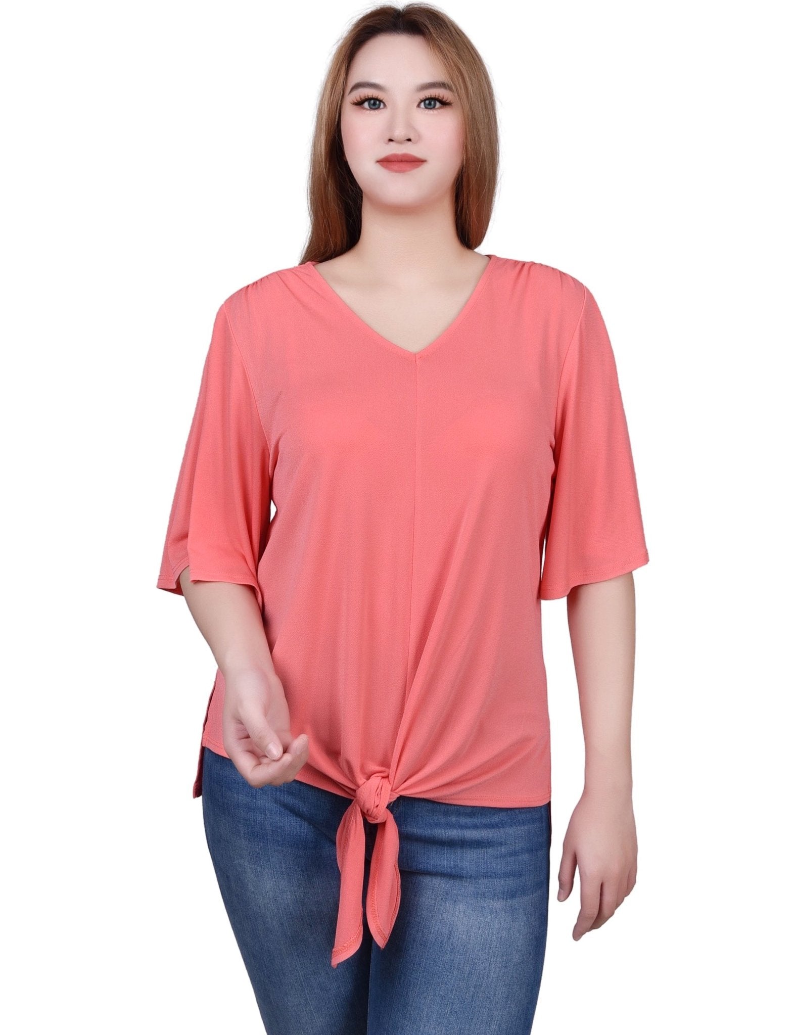 NY Collection Elbow Sleeve Tie-Front Top - DressbarnShirts & Blouses