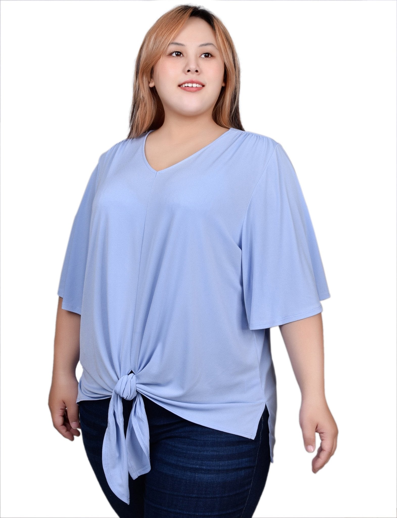 NY Collection Elbow Sleeve Tie-Front Top - Plus - DressbarnShirts & Blouses