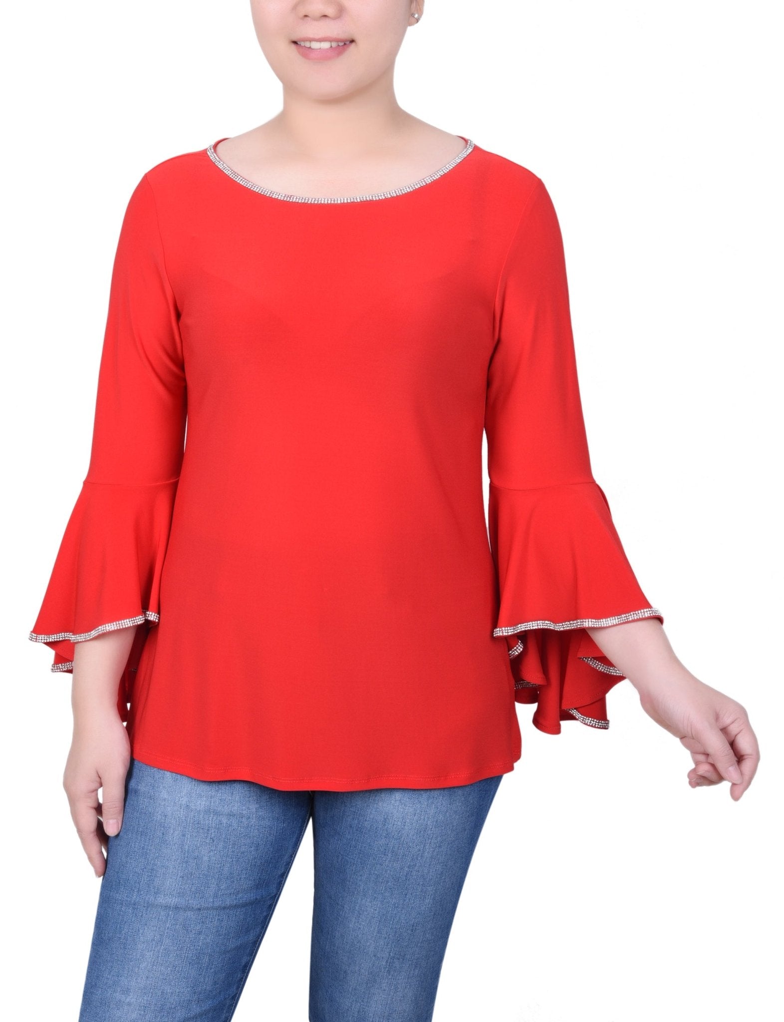 NY Collection Long Bell Sleeve Tunic Top With Stone Details - Petite - DressbarnShirts & Blouses