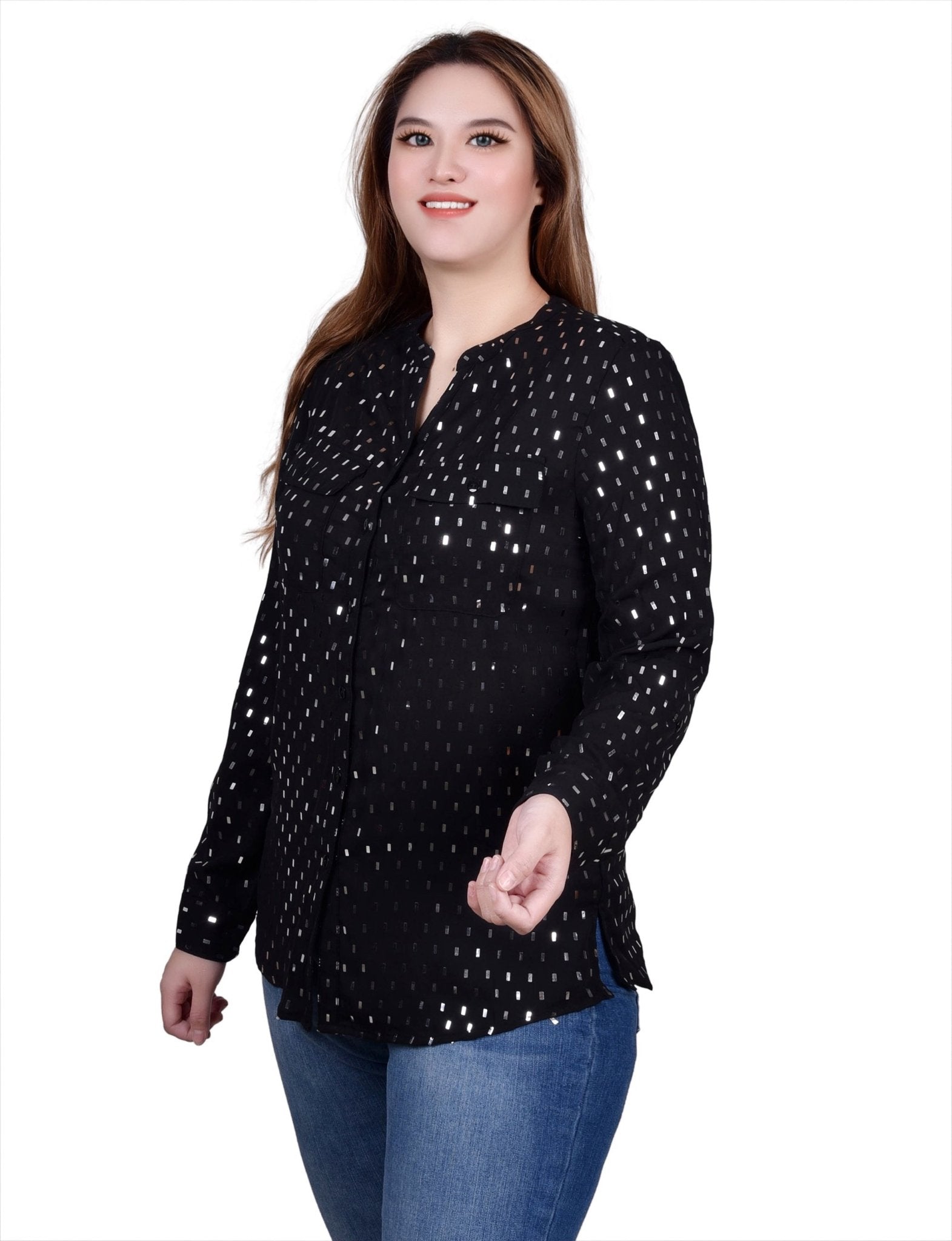 NY Collection Long Roll Tab Sleeve Foil Dot Blouse - DressbarnShirts & Blouses