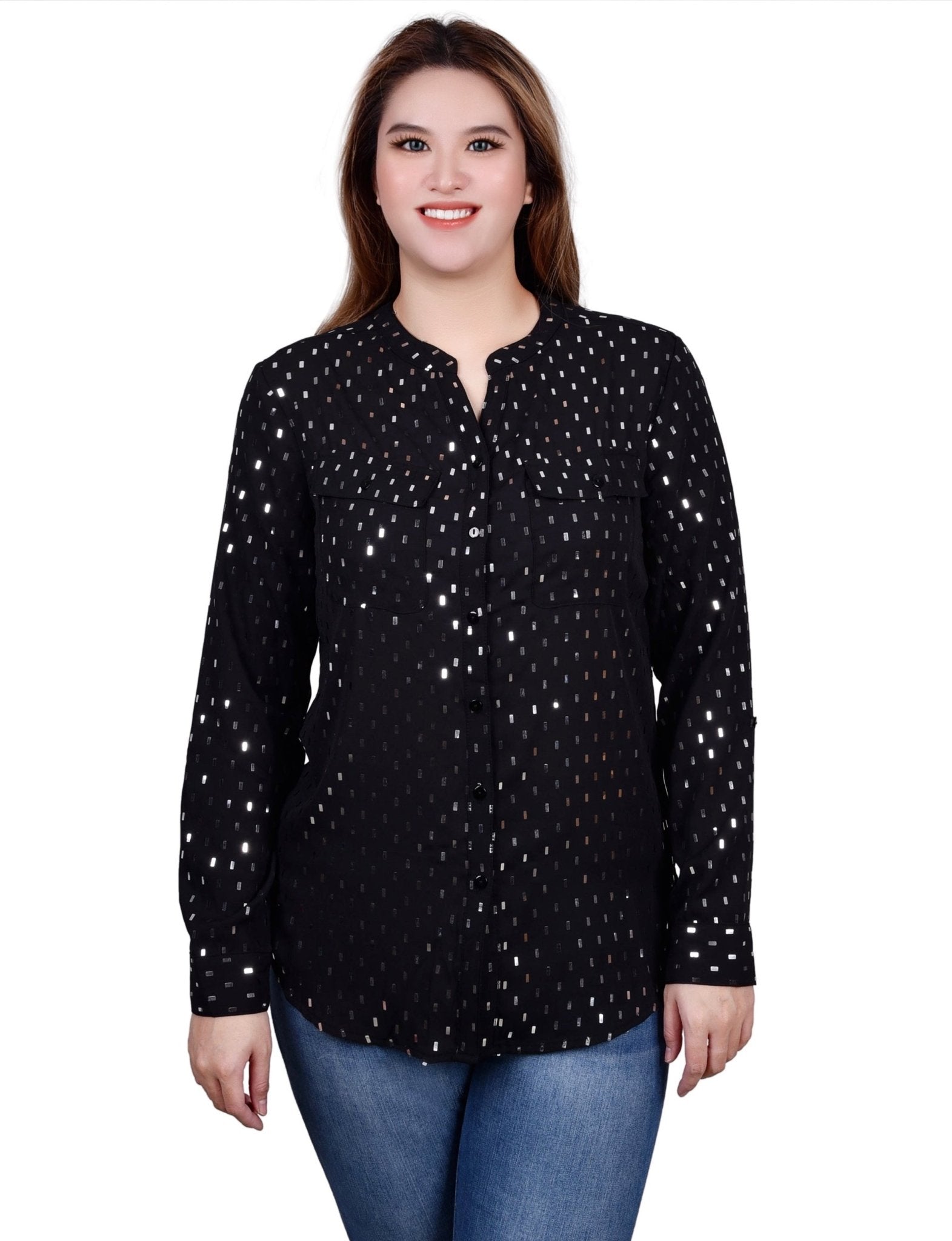 NY Collection Long Roll Tab Sleeve Foil Dot Blouse - DressbarnShirts & Blouses