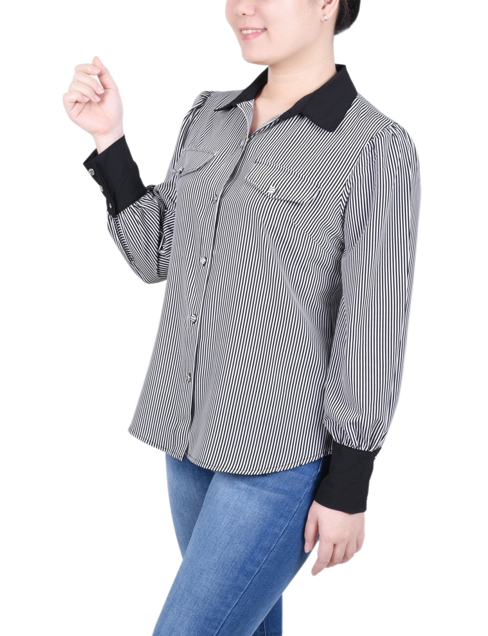 NY Collection Long Sleeve Colorblocked Blouse - Petite - DressbarnShirts & Blouses