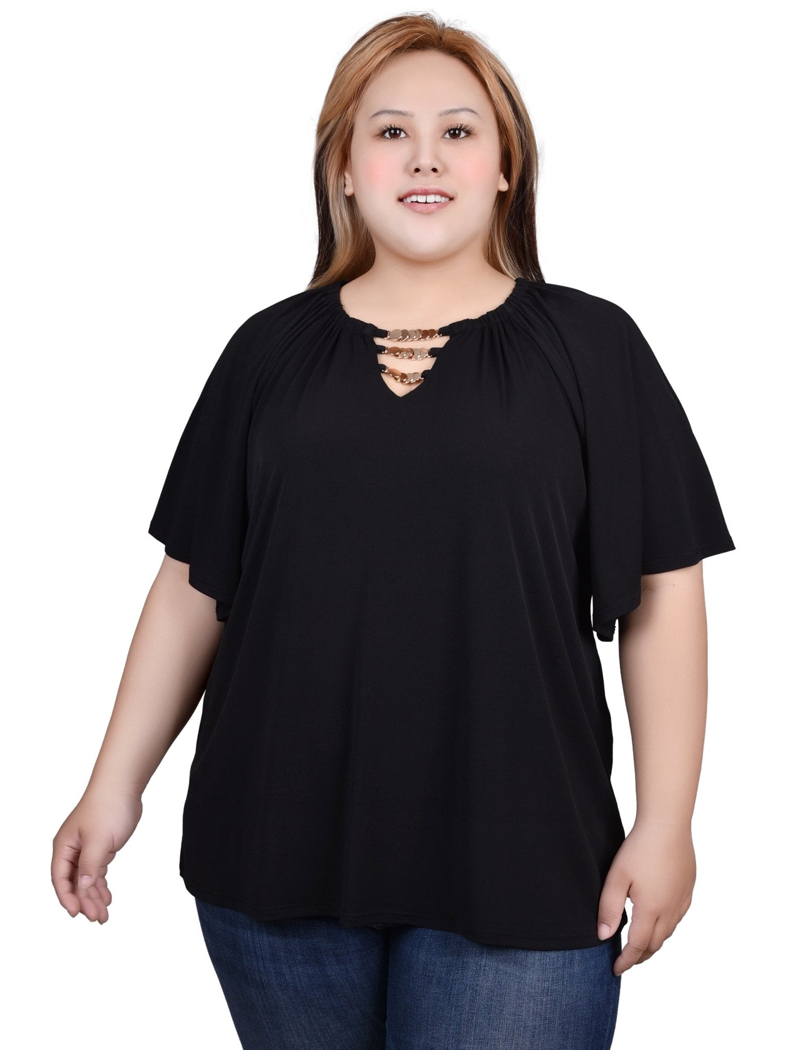 NY Collection Raglan Sleeve Top With Chain Details - Plus - DressbarnShirts & Blouses