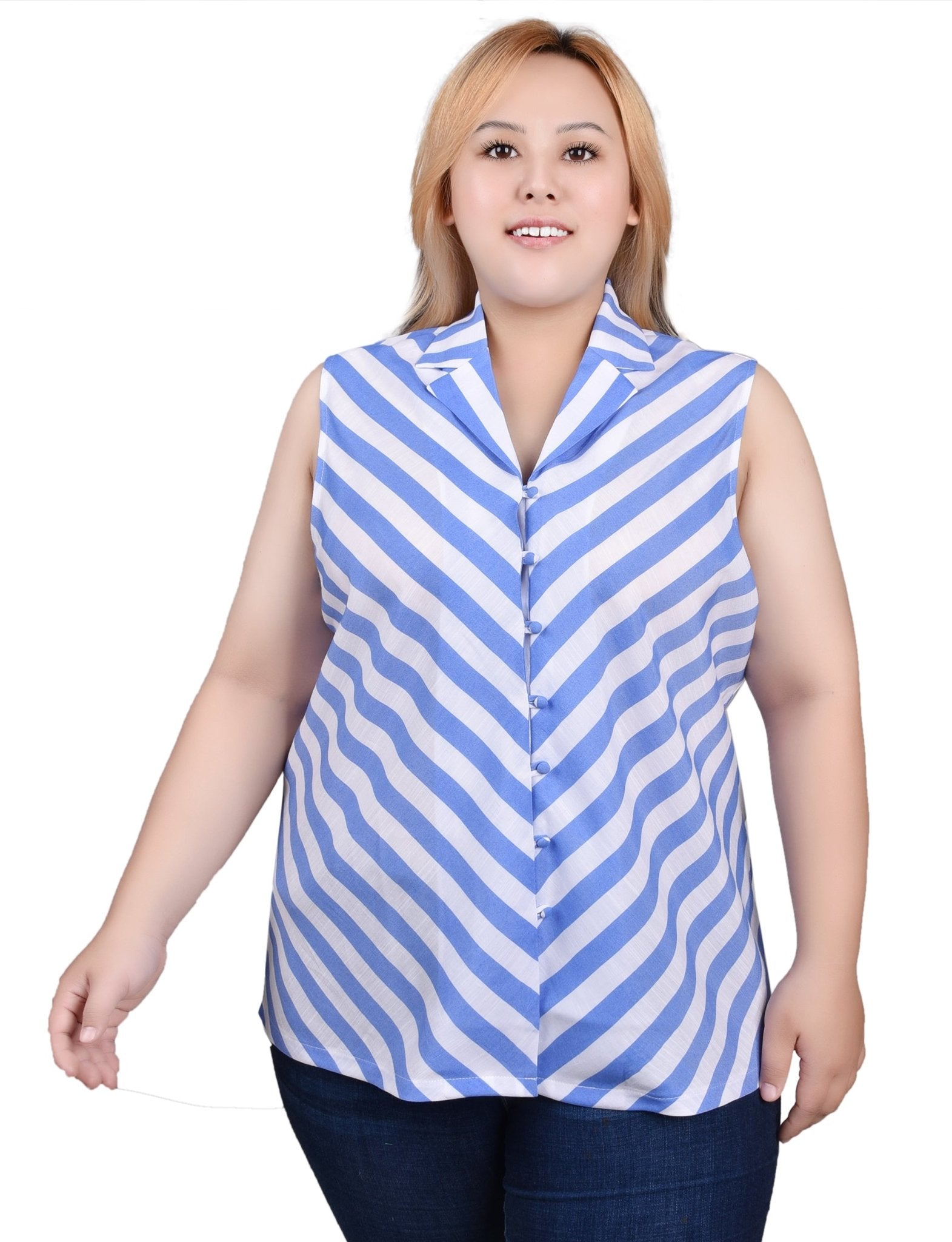 NY Collection Sleeveless Collared Chevron Striped Blouse - Plus - DressbarnShirts & Blouses