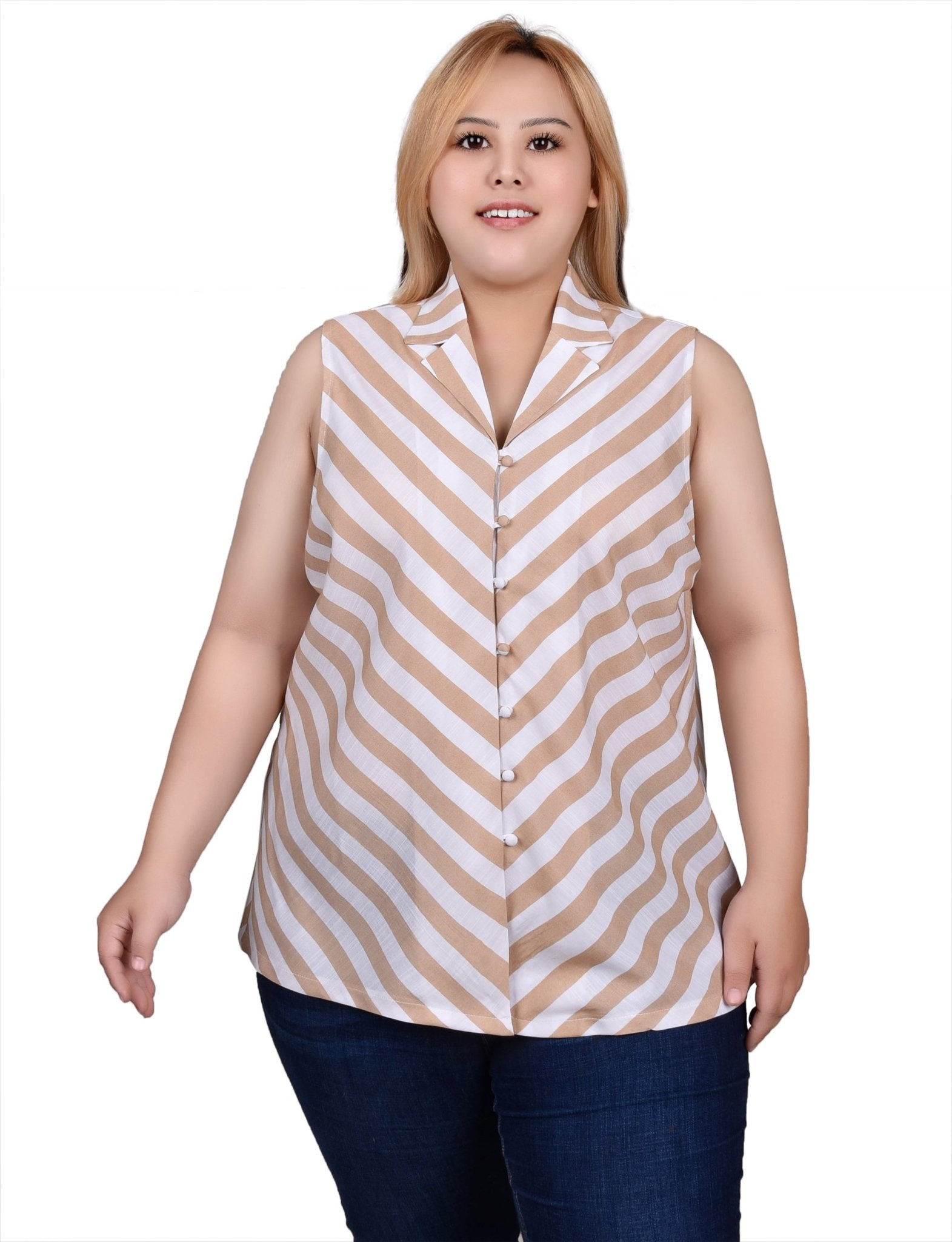 NY Collection Sleeveless Collared Chevron Striped Blouse - Plus - DressbarnShirts & Blouses