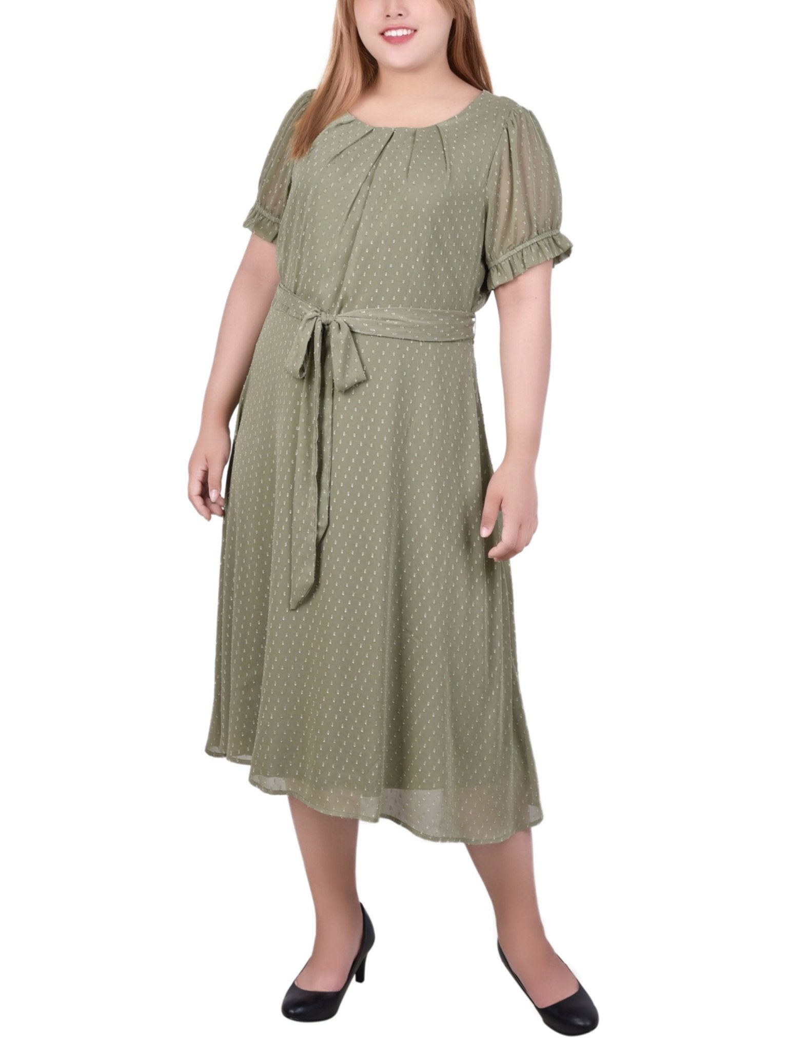 Oil Green Rectangle Short Sleeve Belted Swiss Dot Dress - Plus Oil Green Rectangle Short Sleeve Belted Swiss Dot Dress - Plus