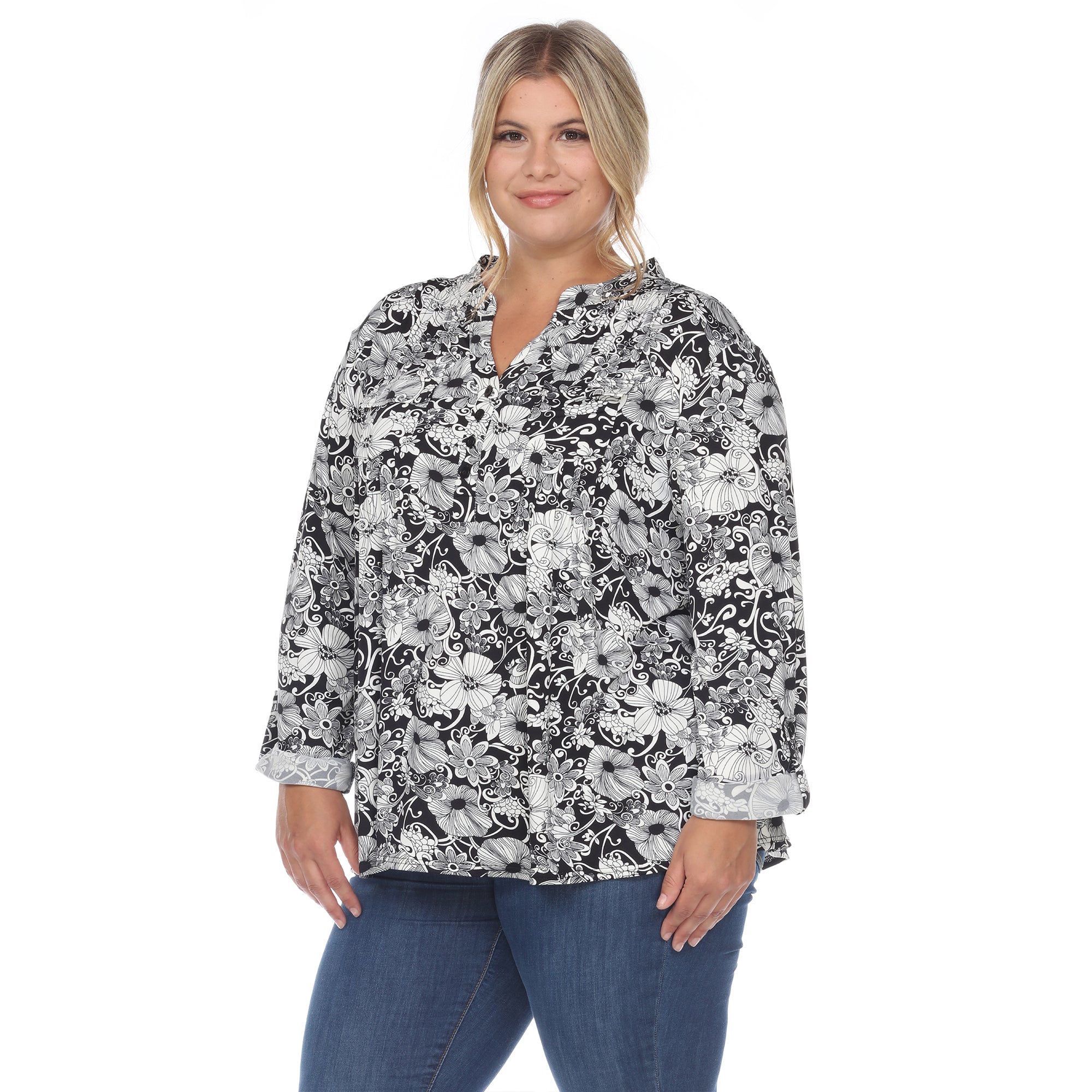 Pleated Long Sleeve Floral Print Blouse - Plus - DressbarnShirts & Blouses