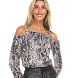 Python Print 3/4 Sleeve Cold Shoulder Top With Shoulder Strap Grommet - DressbarnShirts & Blouses