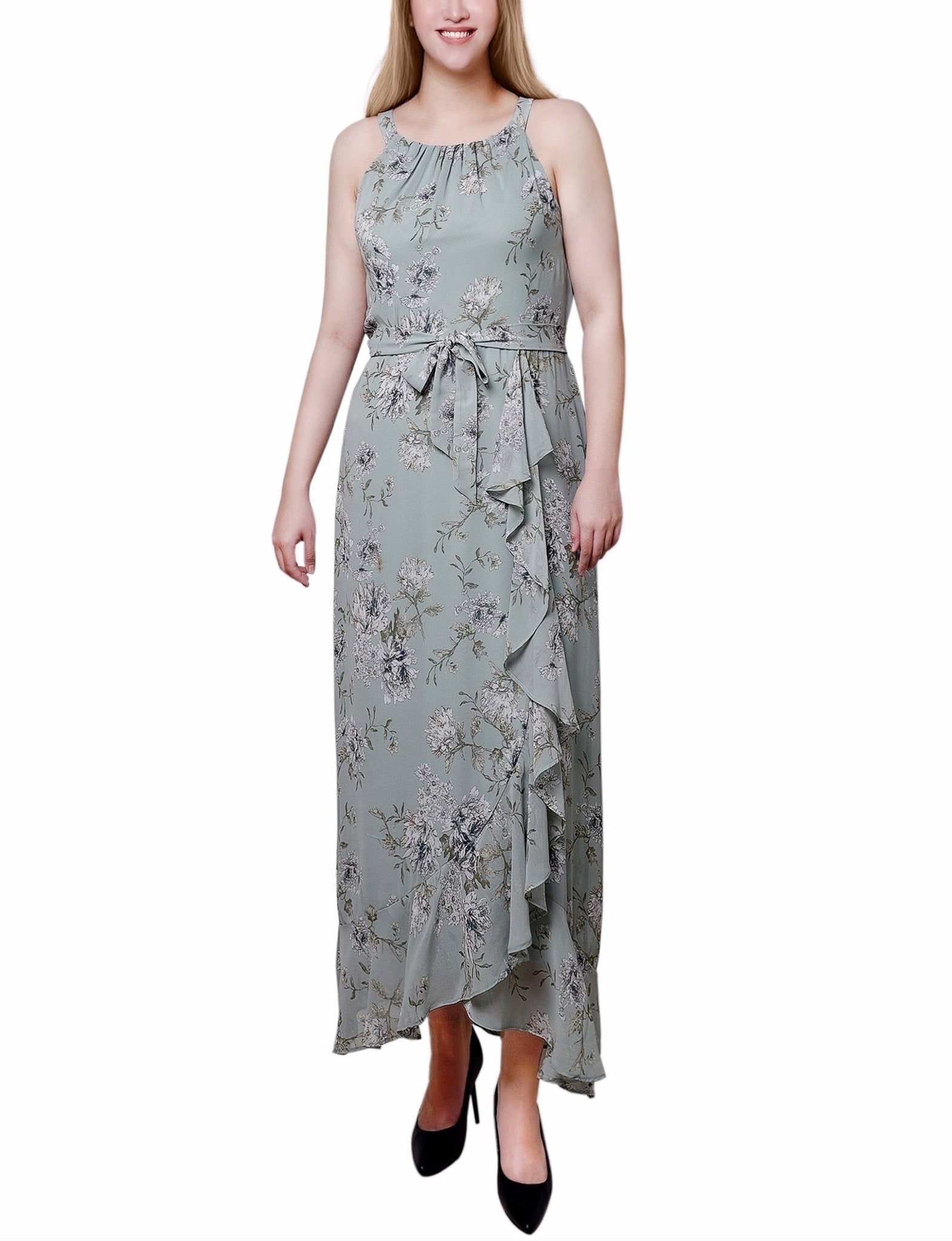 Sage Ivory Floral Halter Front Chiffon Maxi Dress - Petite Dressbarn Sage Ivory Floral Halter Front Chiffon Maxi Dress - Petite Dressbarn