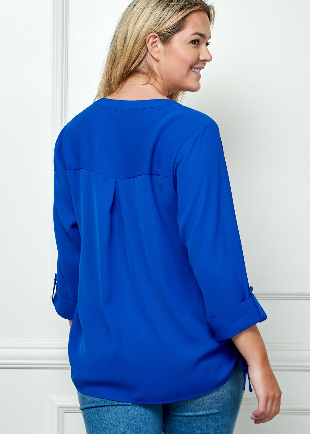 Sara Michelle 3/4 Button Tab Sleeve Patch Pockets Side Ties Popover - PLUS - DressbarnShirts & Blouses