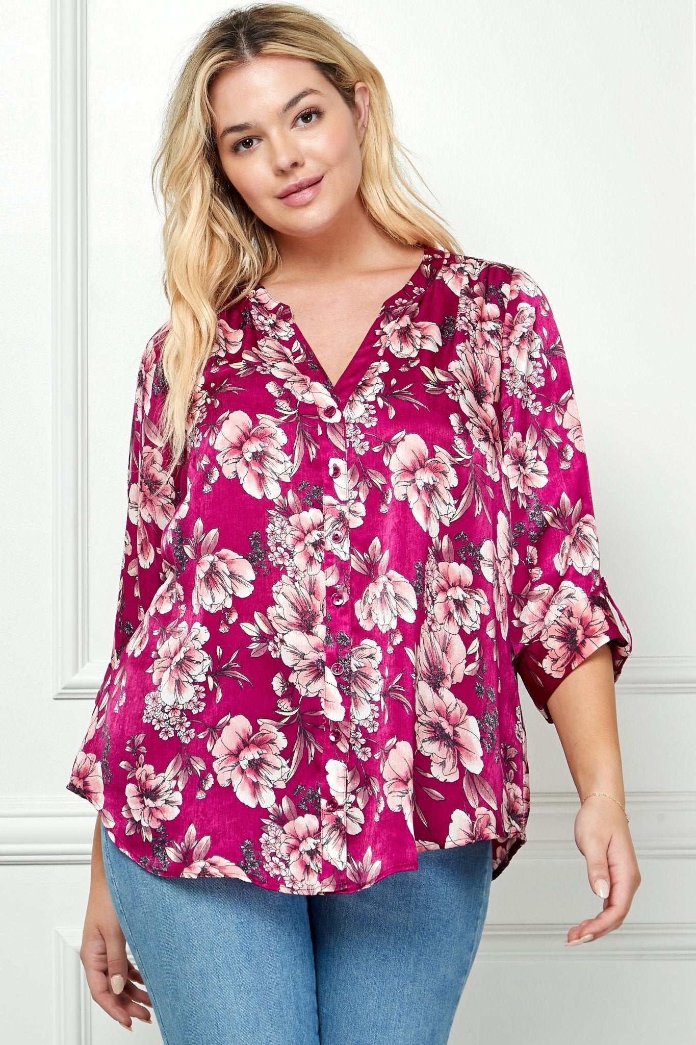Sara Michelle Berry Floral 3/4 Button Tab Sleeve Mandarin Collar Lined Popover Blouse - Plus - DressbarnShirts & Blouses