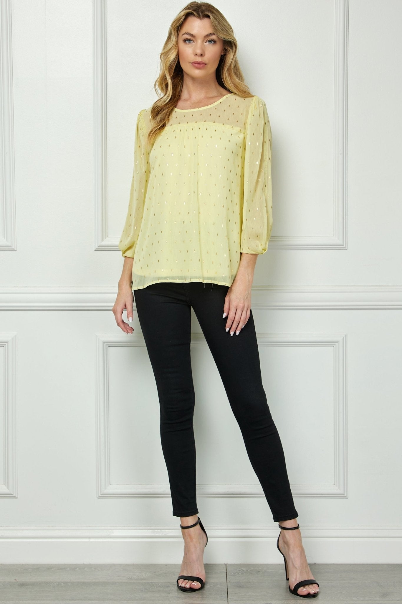 Sara Michelle Chamois & Gold 3/4 Knot Sleeve Scoop Neck Lined Blouse - DressbarnShirts & Blouses