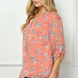Sara Michelle Coral Floral 3/4 Button Tab Sleeve Mandarin Collar Lined Popover Blouse - DressbarnShirts & Blouses