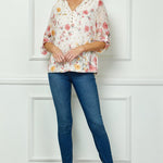 Sara Michelle Ivory Floral 3/4 Button Tab Sleeve Mandarin Collar Lined Popover Blouse - DressbarnShirts & Blouses
