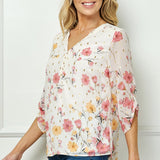 Sara Michelle Ivory Floral 3/4 Button Tab Sleeve Mandarin Collar Lined Popover Blouse - DressbarnShirts & Blouses