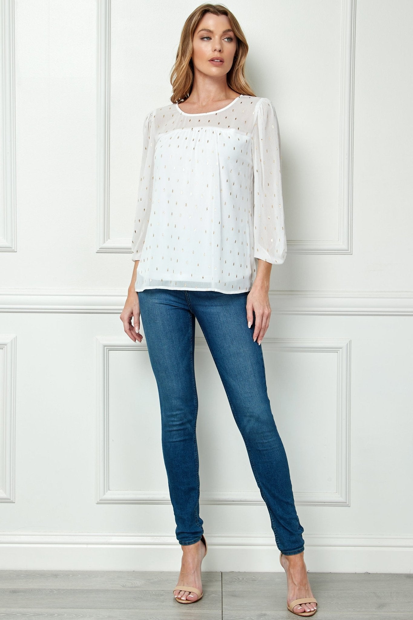 Sara Michelle Ivory & Gold 3/4 Knot Sleeve Scoop Neck Lined Blouse - DressbarnShirts & Blouses