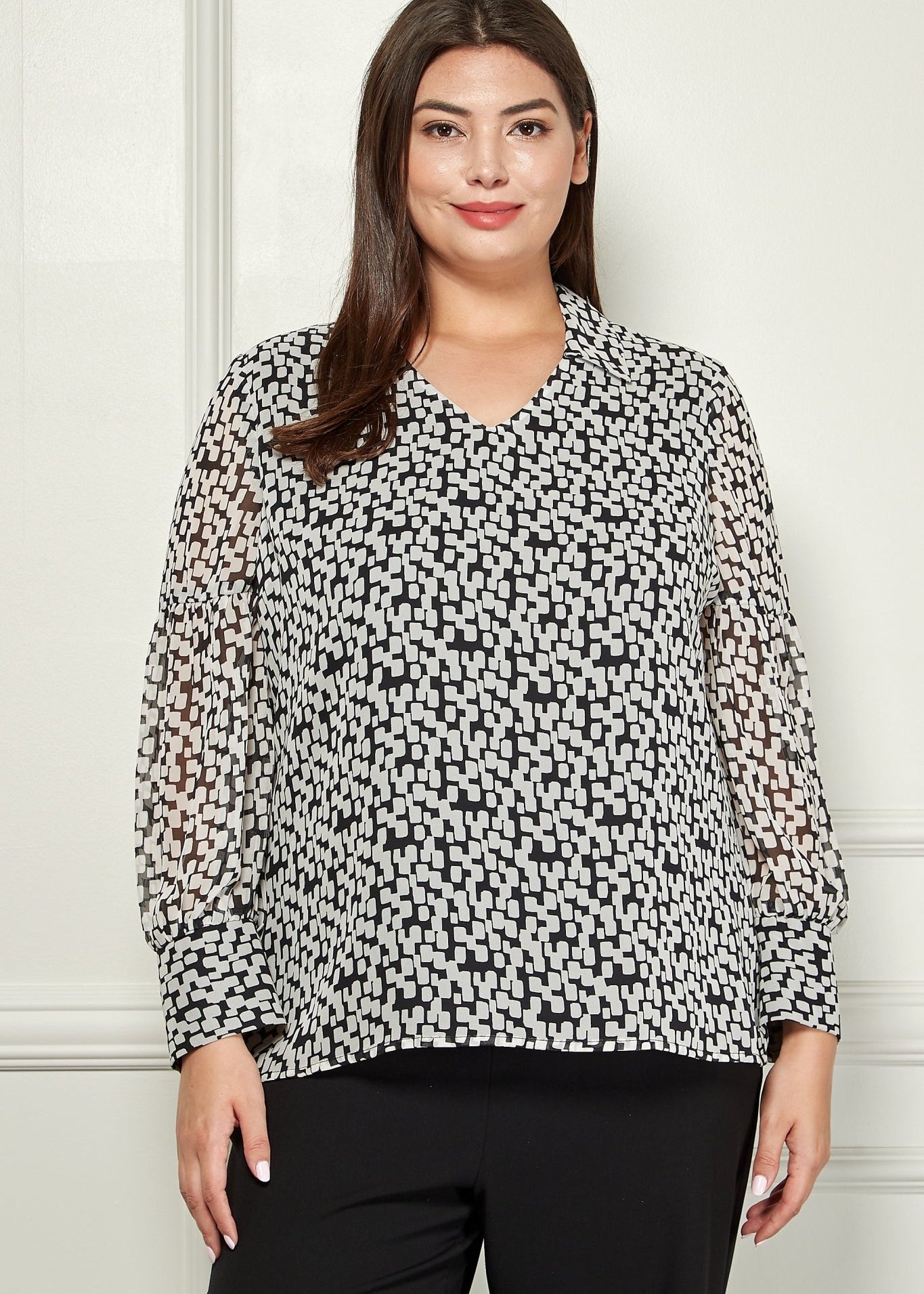Sara Michelle Long Cuffed Sleeve Shirt Collar Lined Popover Blouse - Plus - DressbarnShirts & Blouses