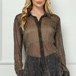 Sara Michelle L/S Johnny Collar Button Front Sheer Top - DressbarnShirts & Blouses