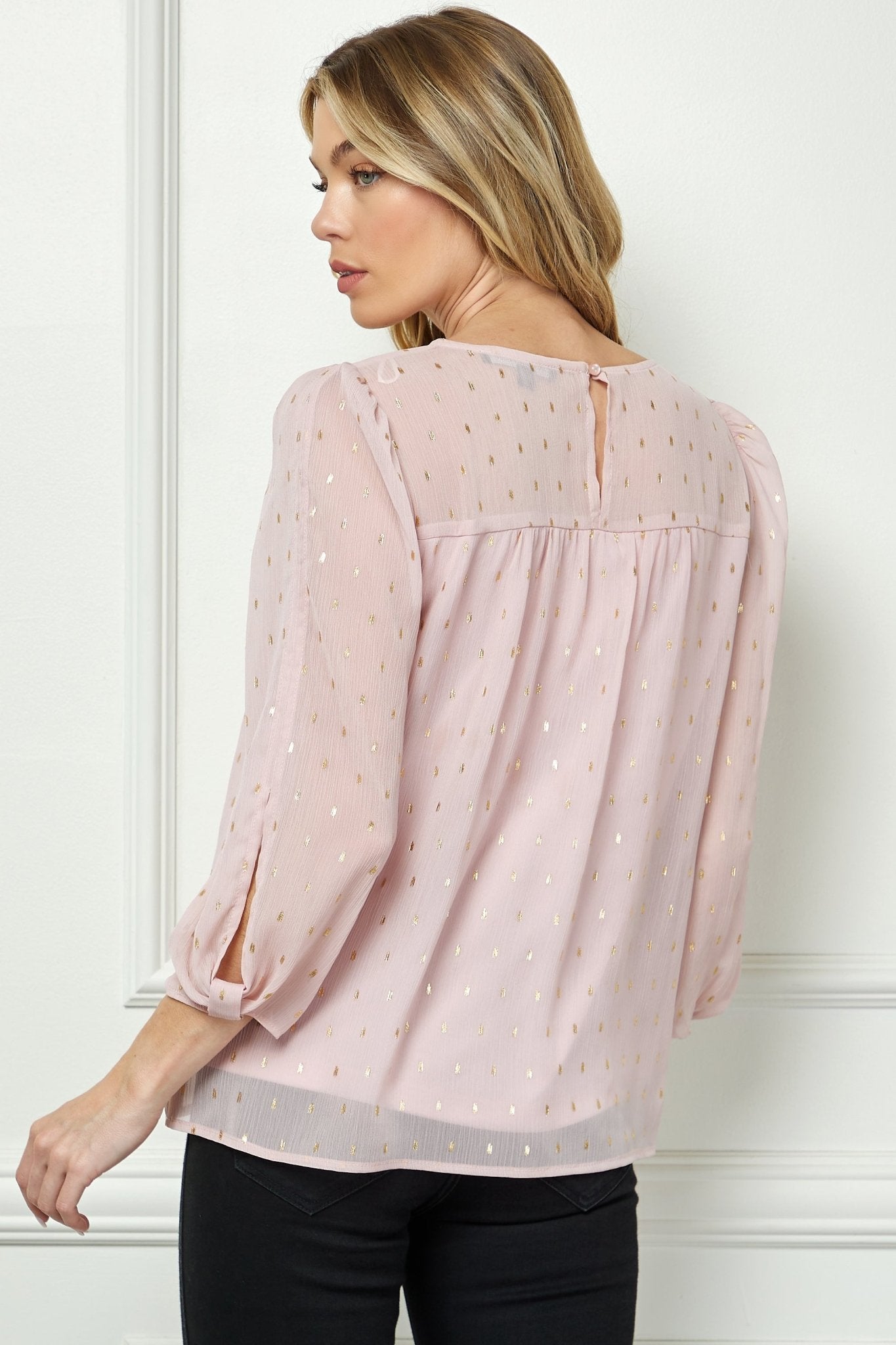 Sara Michelle Mauve & Gold 3/4 Knot Sleeve Scoop Neck Lined Blouse - DressbarnShirts & Blouses