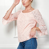 Sara Michelle Rosy 3/4 Ruffle Sleeve Scoop Neck Lined Bubble Lace Blouse - DressbarnShirts & Blouses