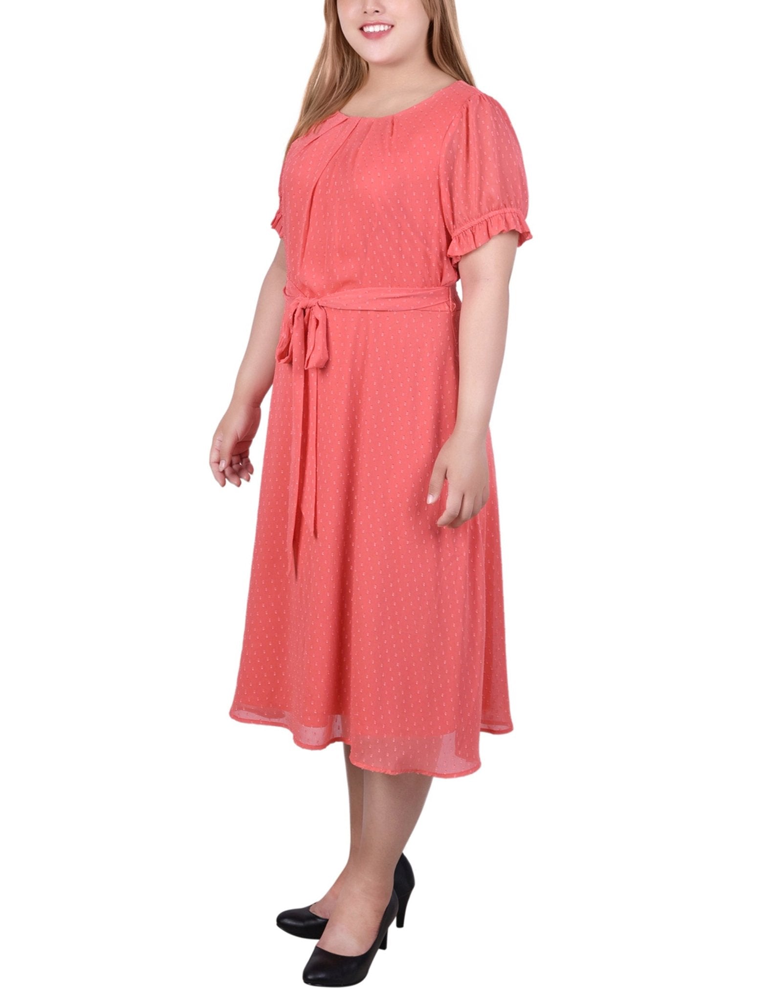 NY Collection Plus Size Short Sleeve Belted Swiss Dot Dress - Spiced Coral Rectangle - 1x NY Collection Plus Size Short Sleeve Belted Swiss Dot Dress - Spiced Coral Rectangle - 1x