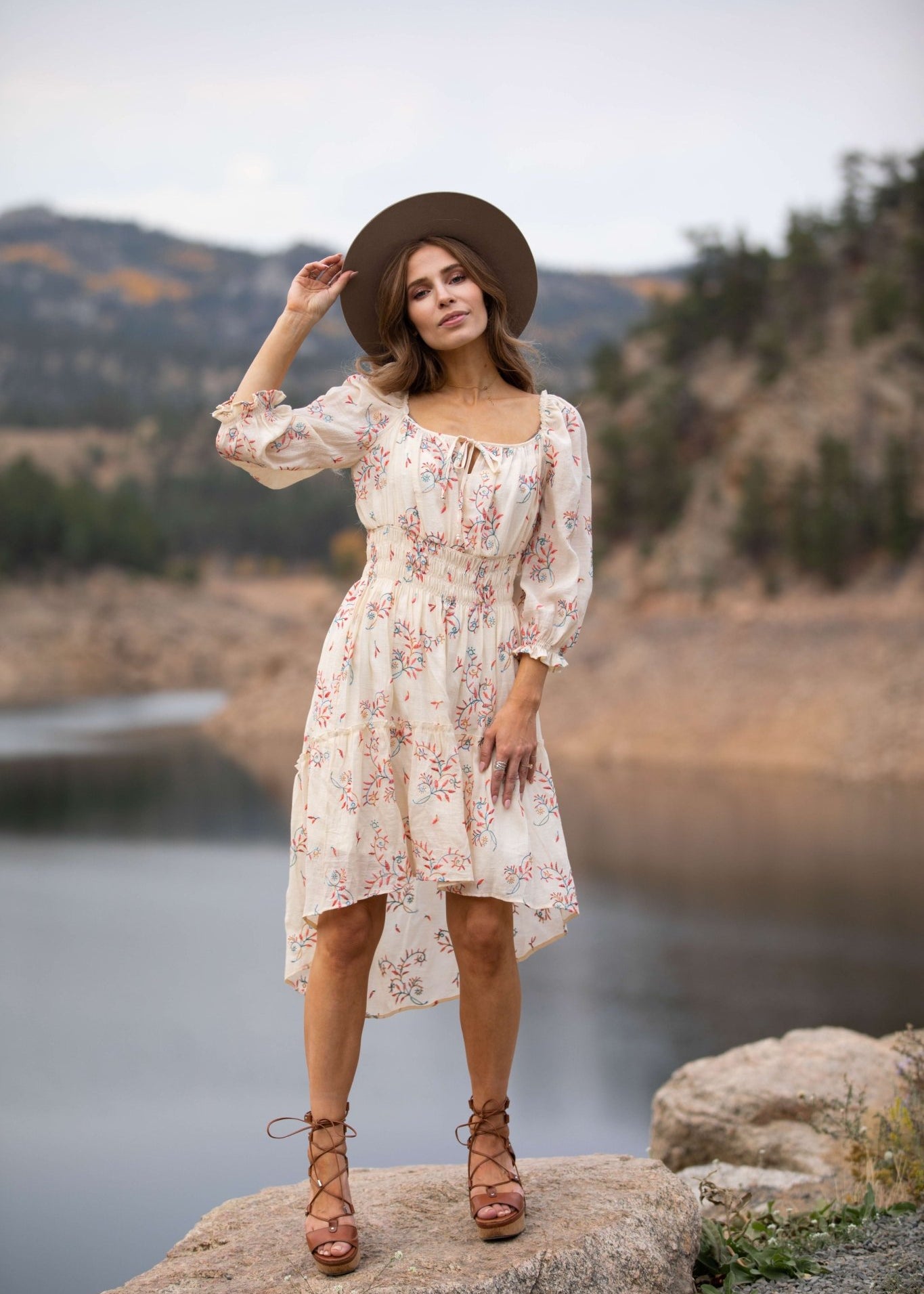 Virginia Floral Embroidered Hi-Low Peasant Dress - DressbarnClothing