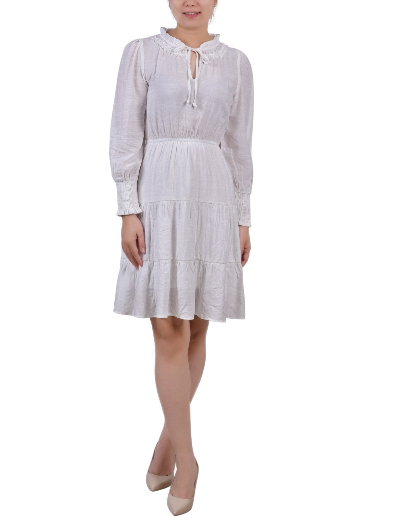 long sleeve petite dresses White Long Sleeve Tiered Dress With Ruffled Neck
