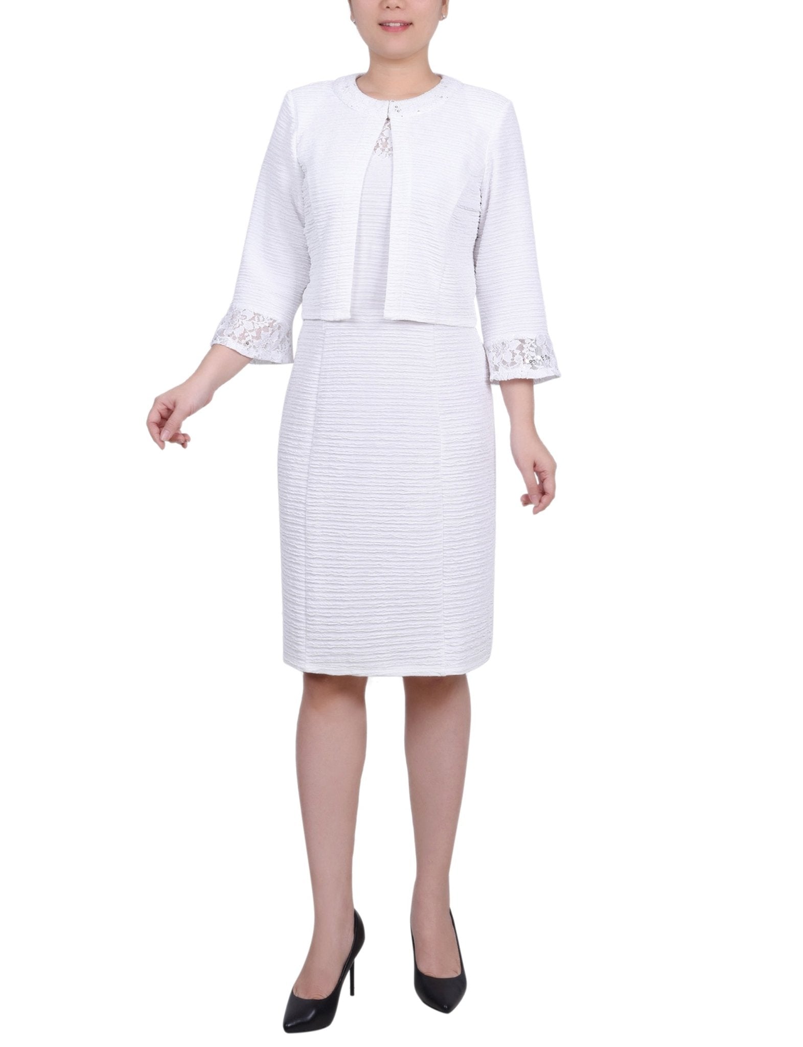 White Two Piece Novelty Knit and Lace Dress Set - Petite Dressbarn White Two Piece Novelty Knit and Lace Dress Set - Petite Dressbarn
