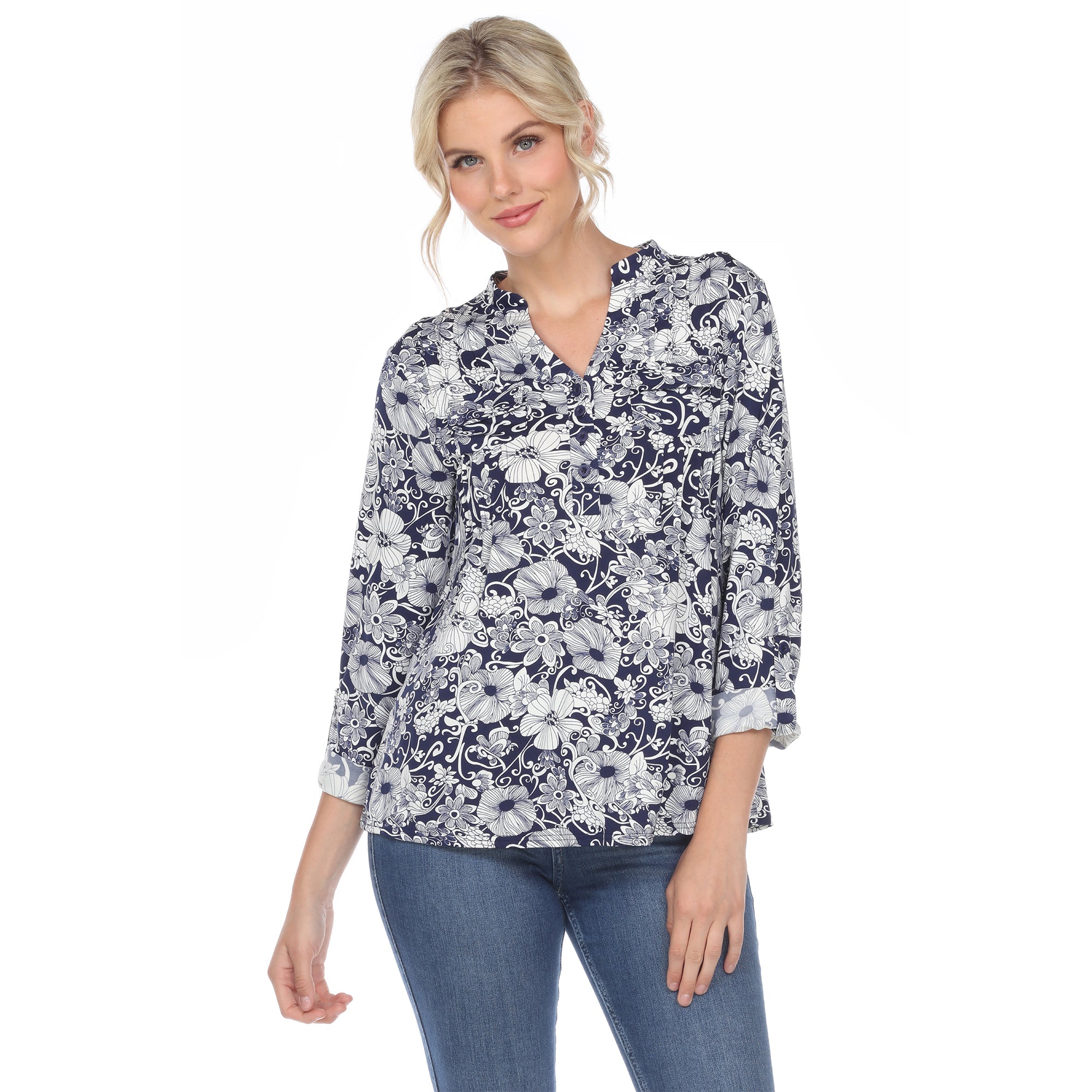 Women's Pleated Long Sleeve Floral Print Blouse - DressbarnShirts & Blouses