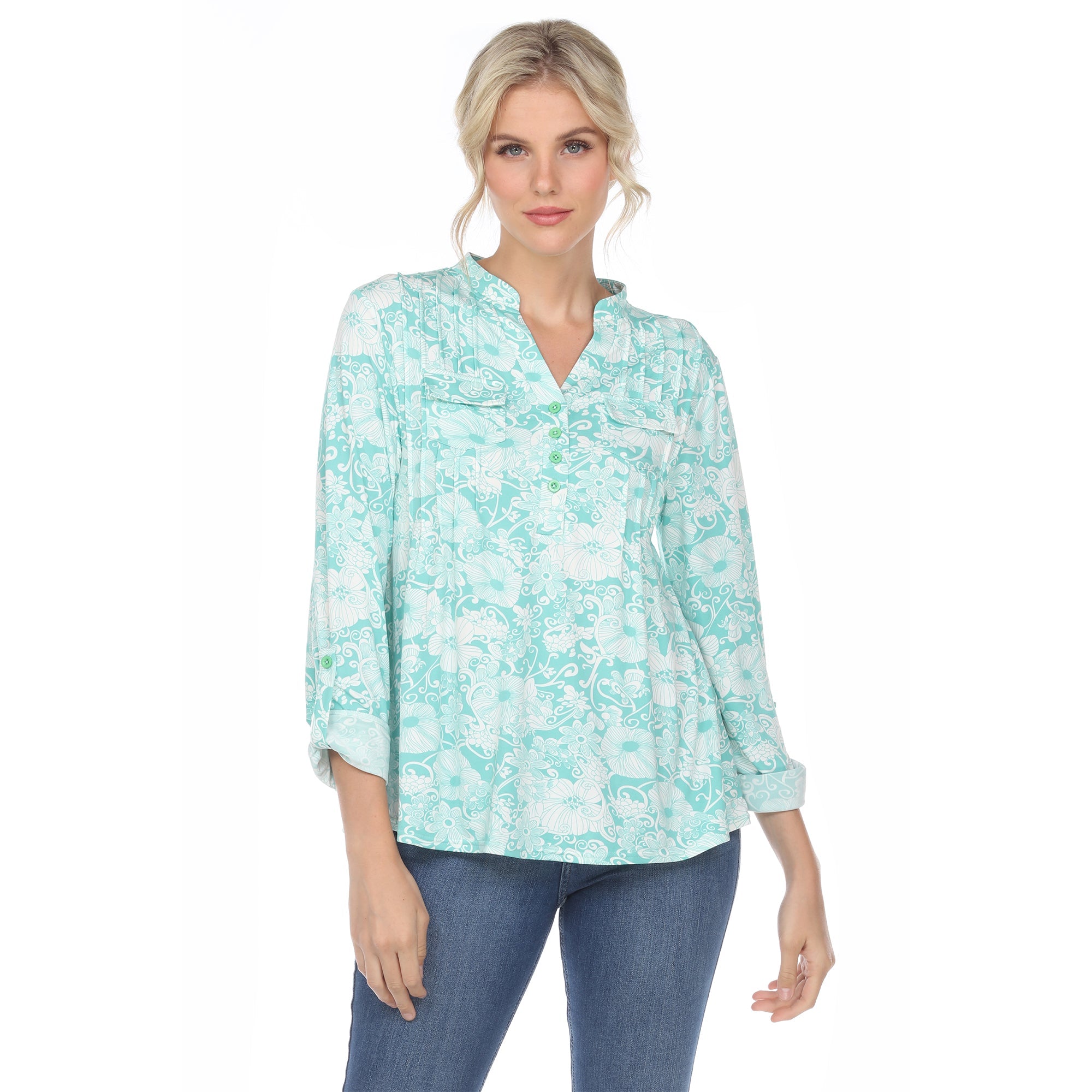 Women's Pleated Long Sleeve Floral Print Blouse - DressbarnShirts & Blouses