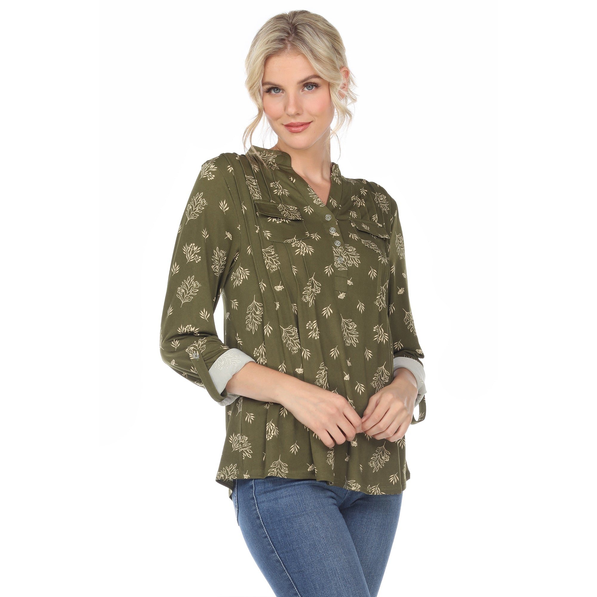 Women's Pleated Long Sleeve Leaf Print Blouse - DressbarnShirts & Blouses