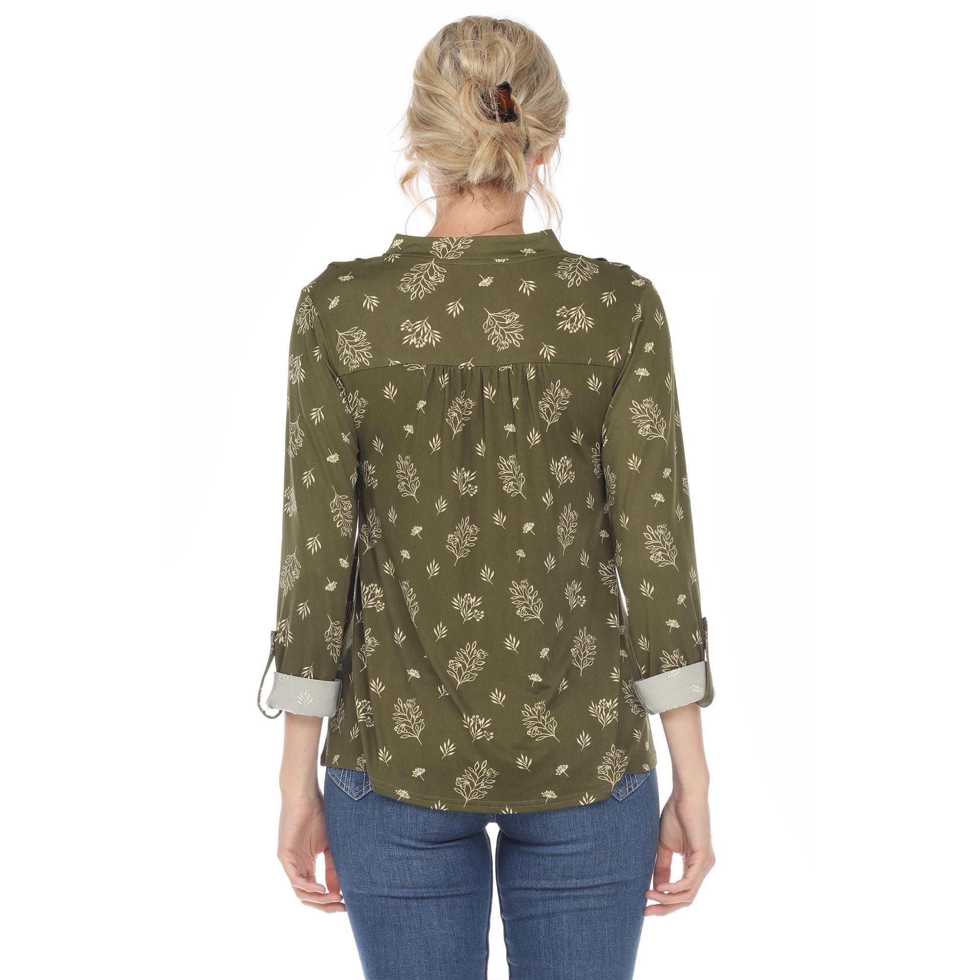 Women's Pleated Long Sleeve Leaf Print Blouse - DressbarnShirts & Blouses